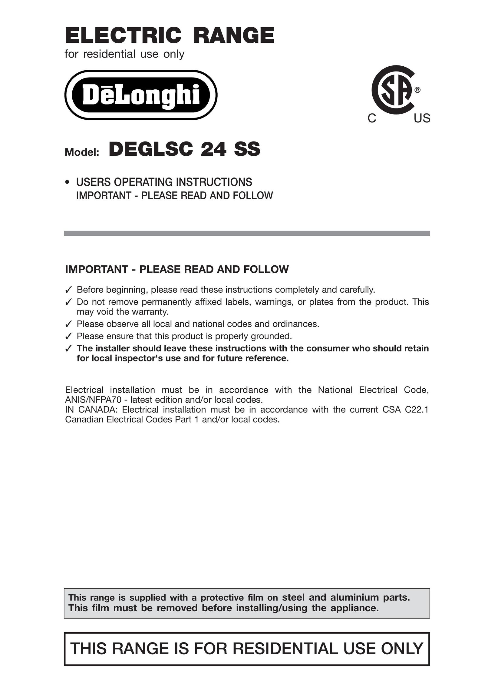 DeLonghi DEGLSC24SS Range User Manual