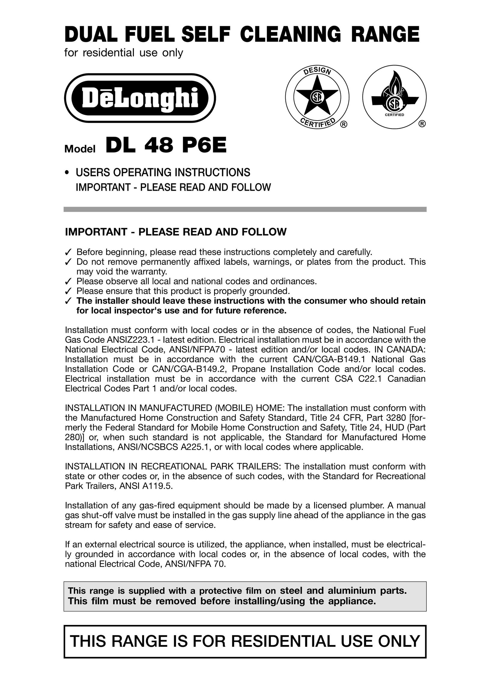 DeLonghi DL 48 P6E Range User Manual