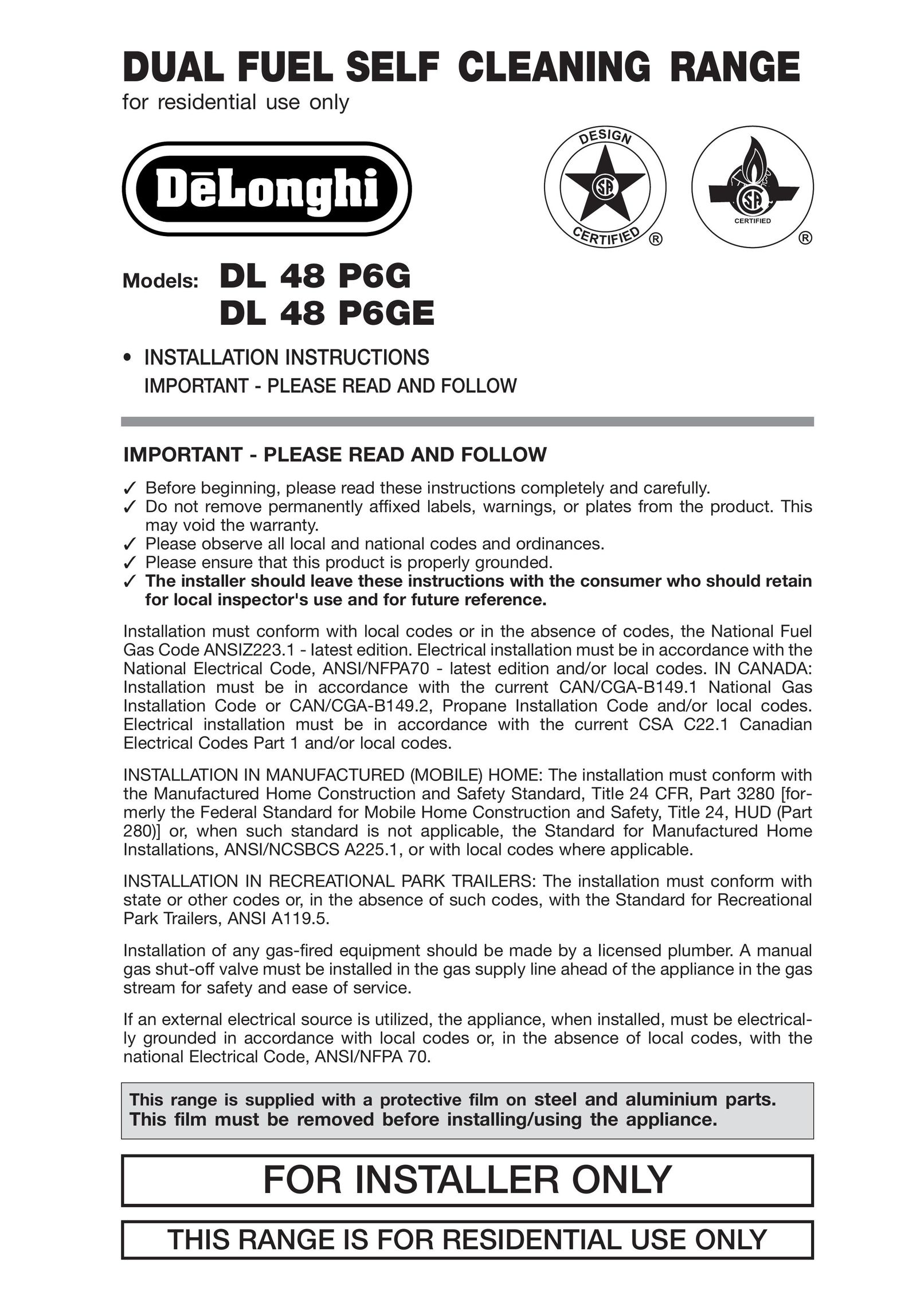 DeLonghi DL 48 P6G Range User Manual