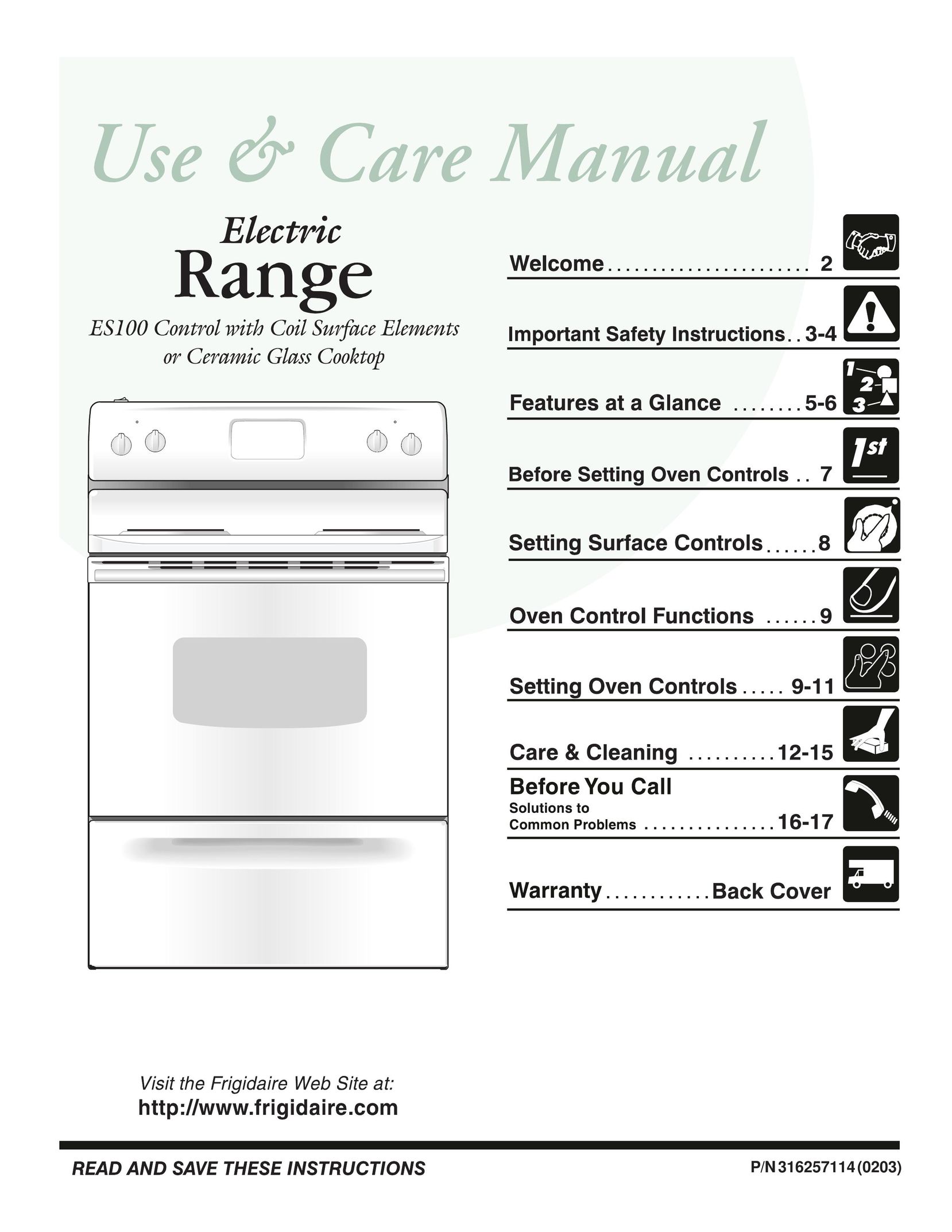 Frigidaire 316257114 Range User Manual