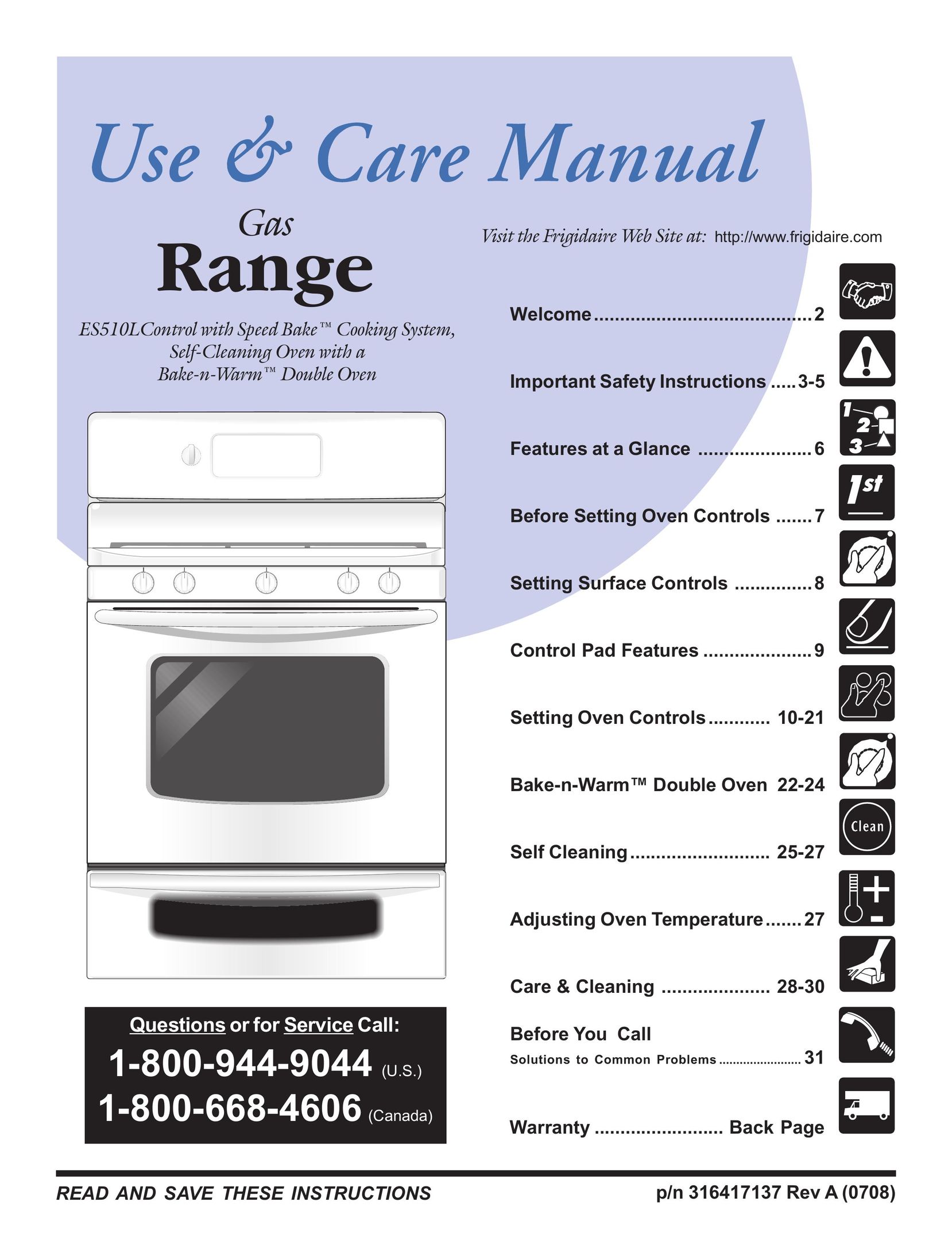 Frigidaire 316417137 REV-A Range User Manual