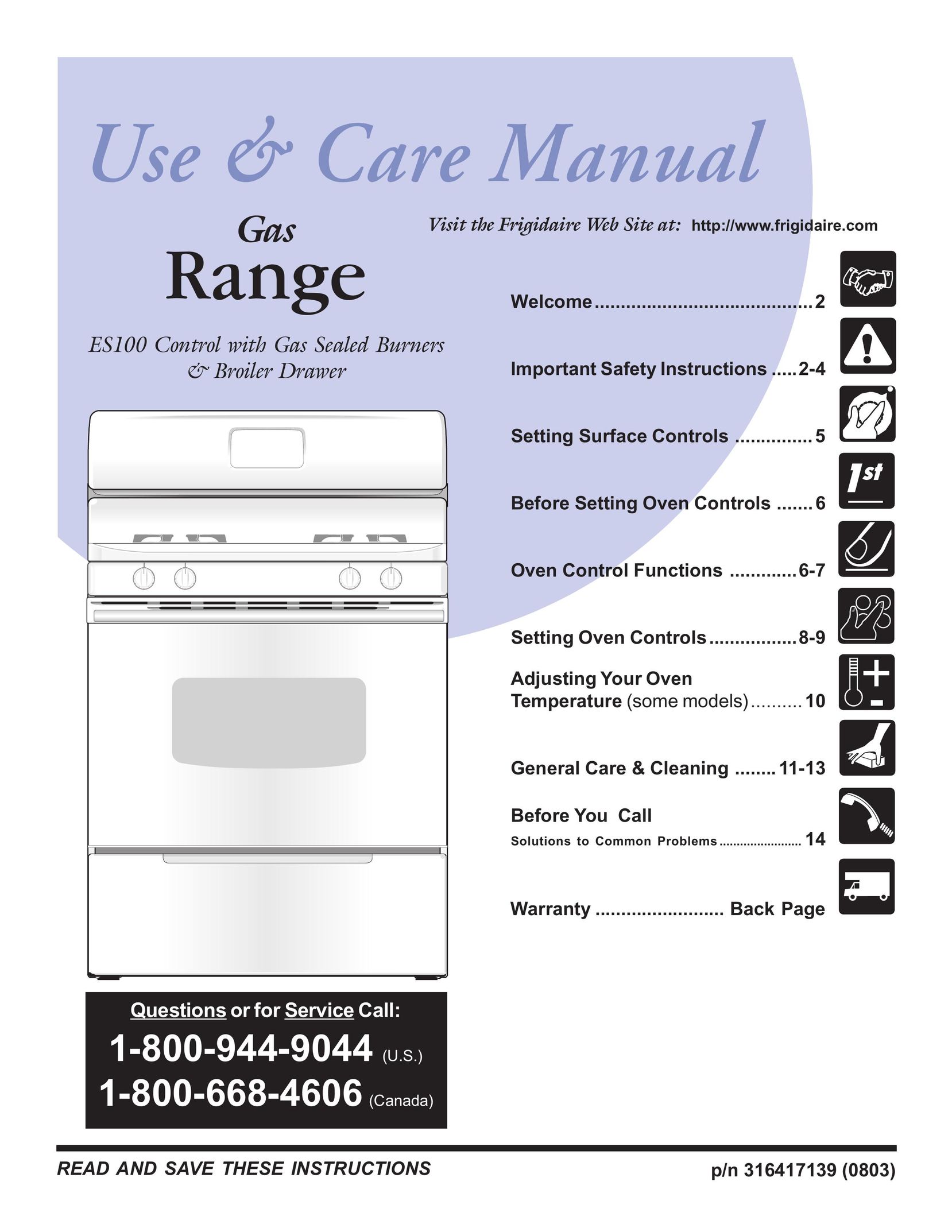 Frigidaire 316417139 Range User Manual