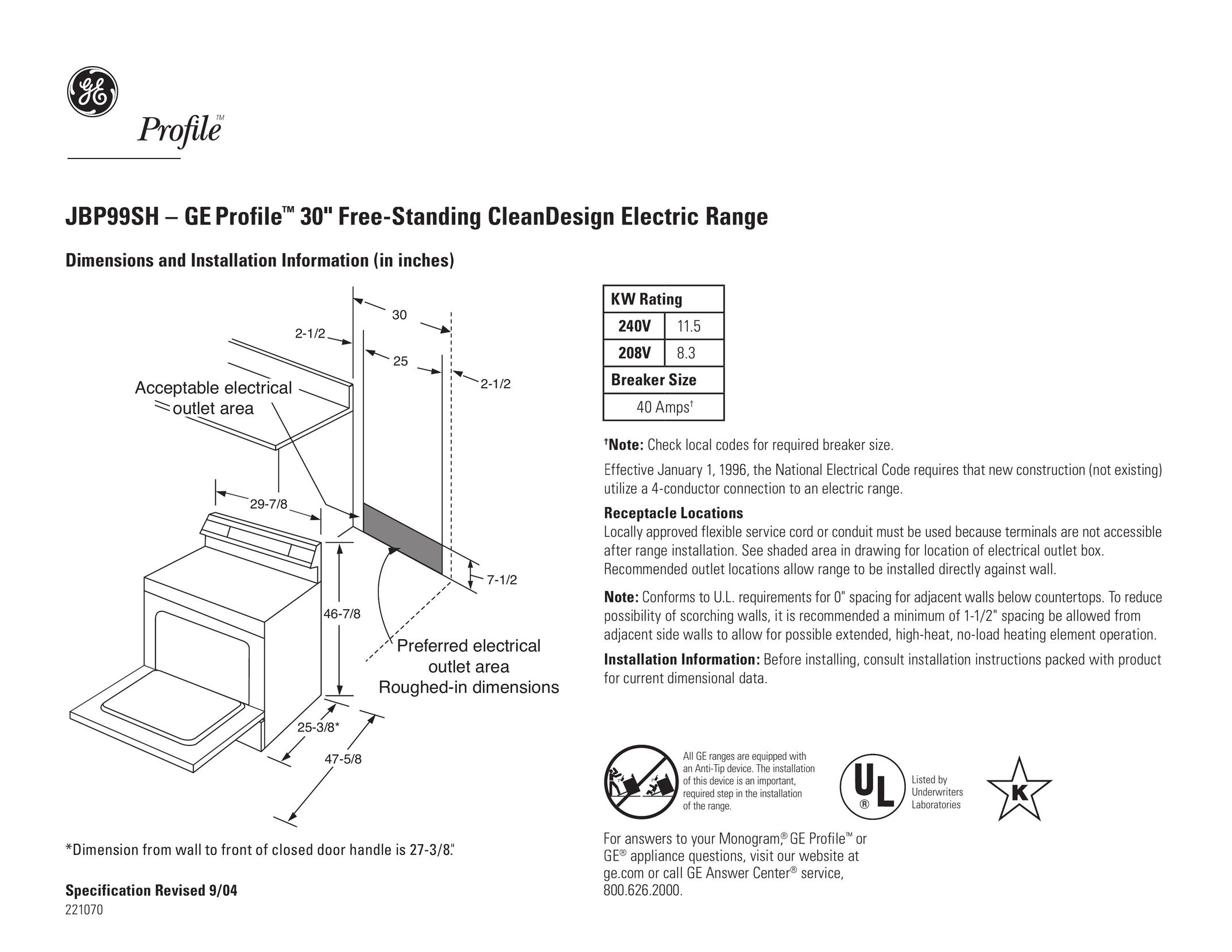 GE 221070 Range User Manual