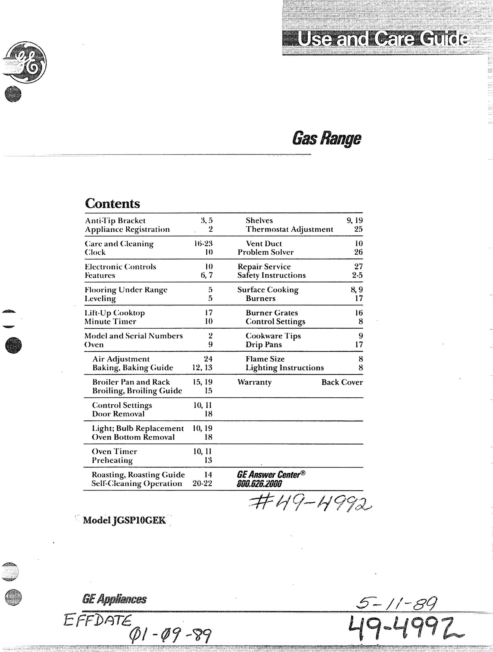 GE 49-4992 Range User Manual