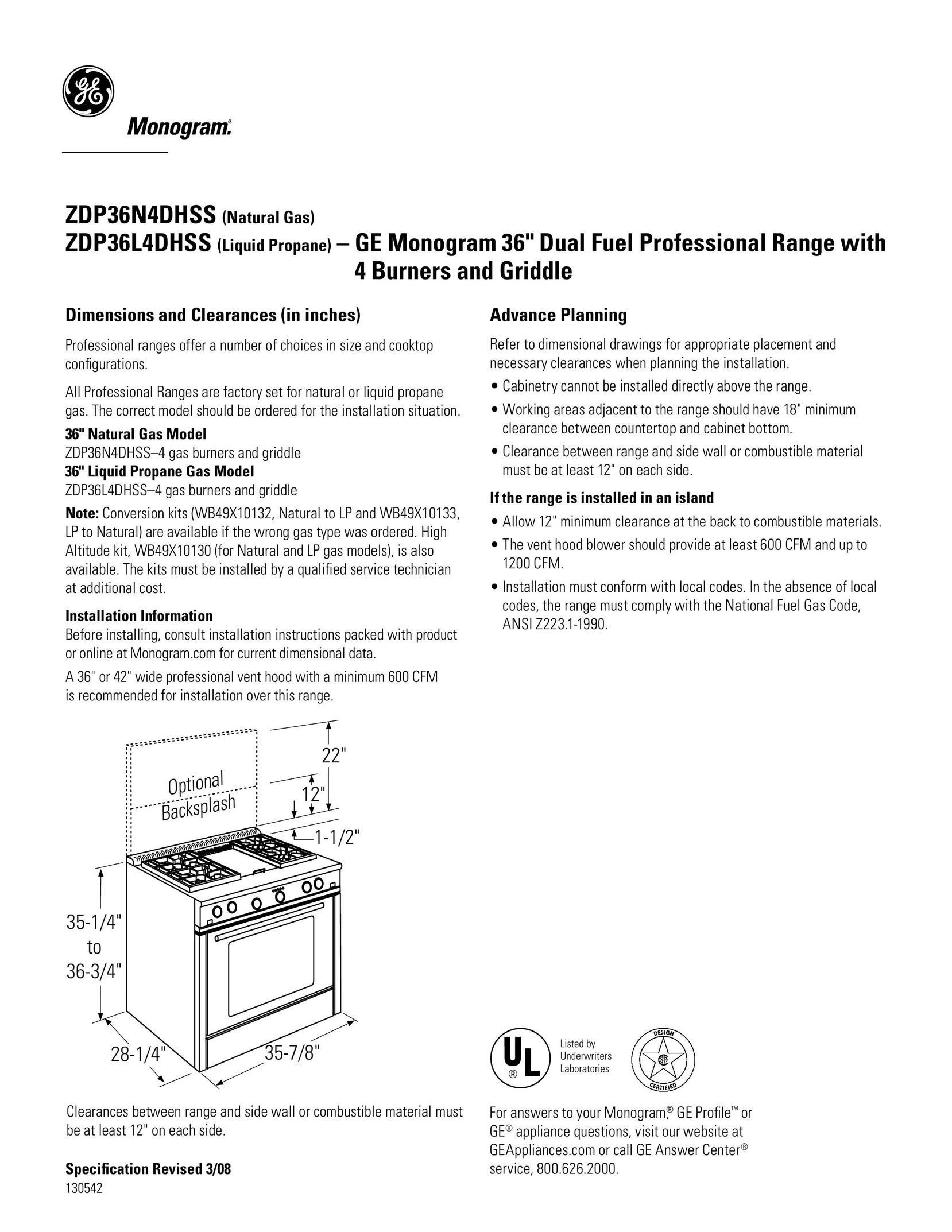 GE Monogram ZDP3614DHSS Range User Manual