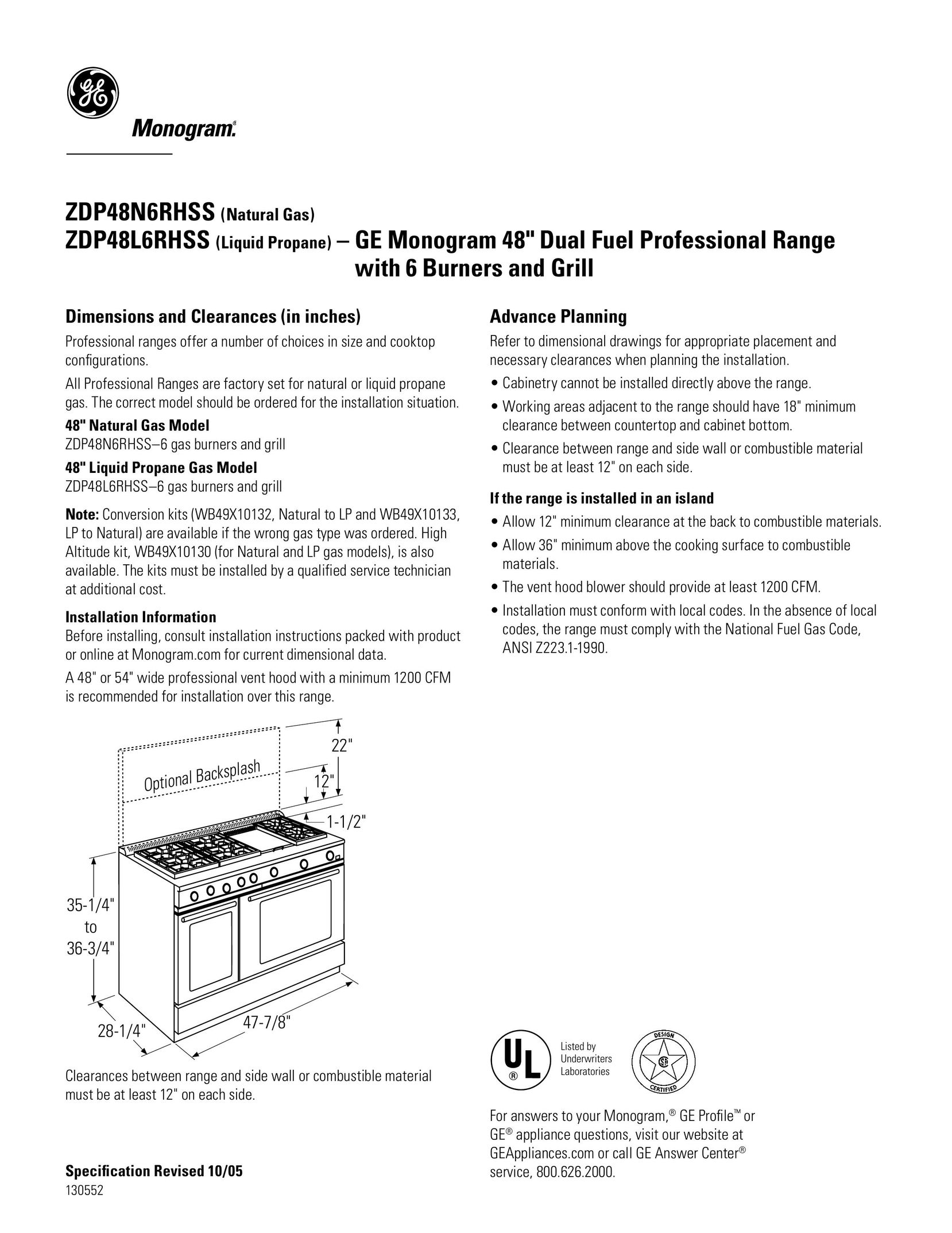 GE Monogram ZDP48L6RHSS6 Range User Manual