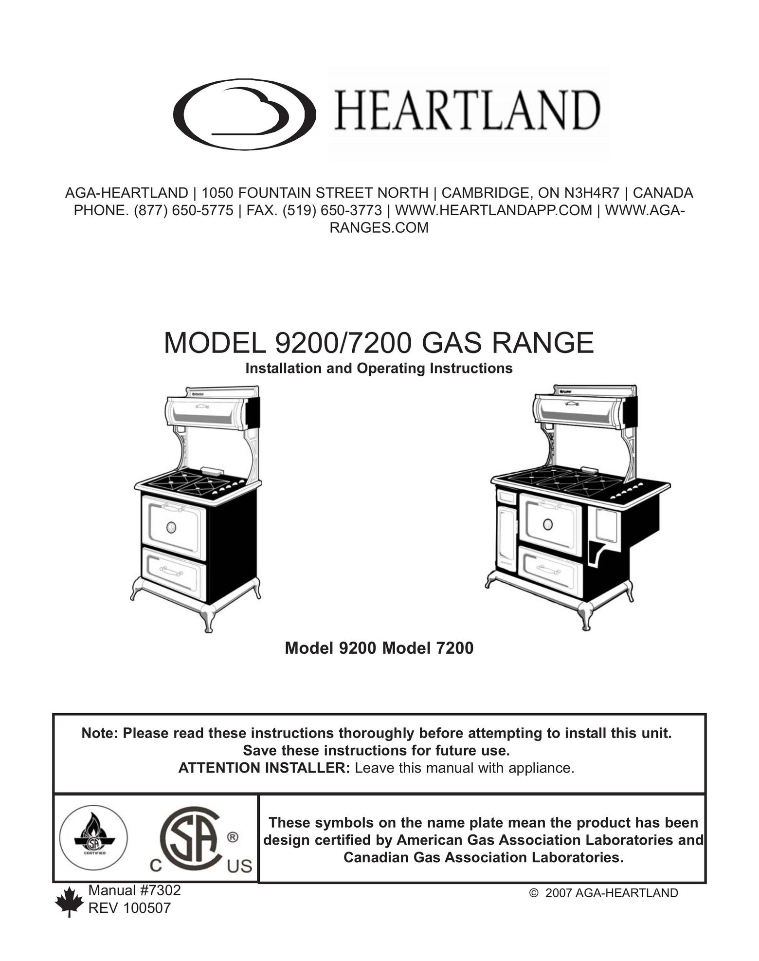 Heartland Bakeware 9200/7200 Range User Manual