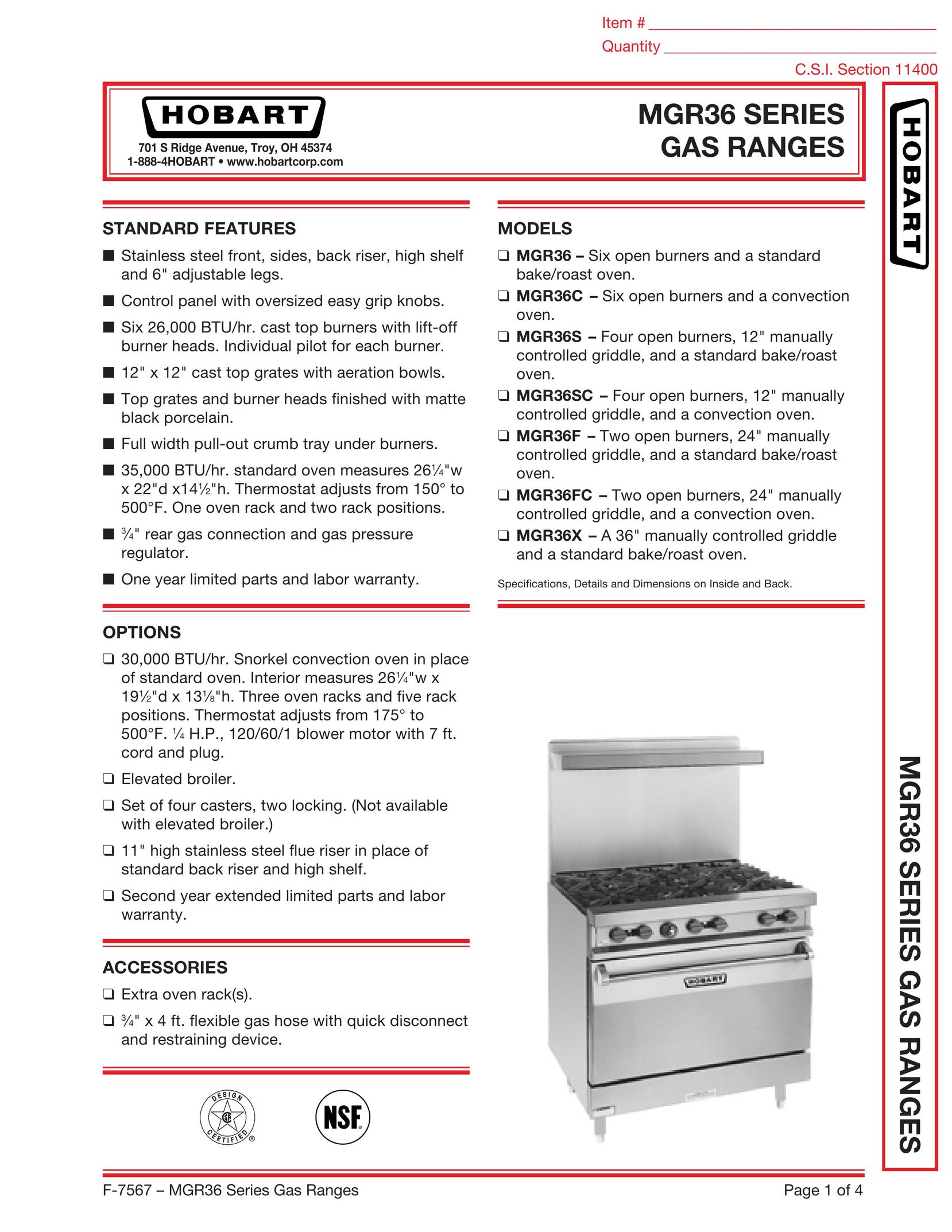 Hobart MGR36FC Range User Manual