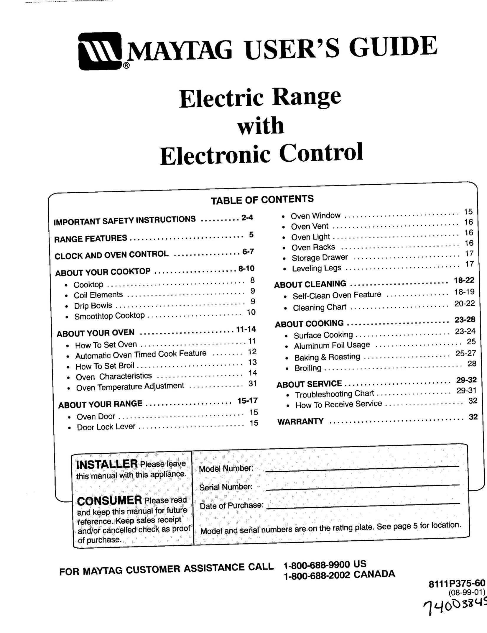 Maytag 8111P375-60 Range User Manual