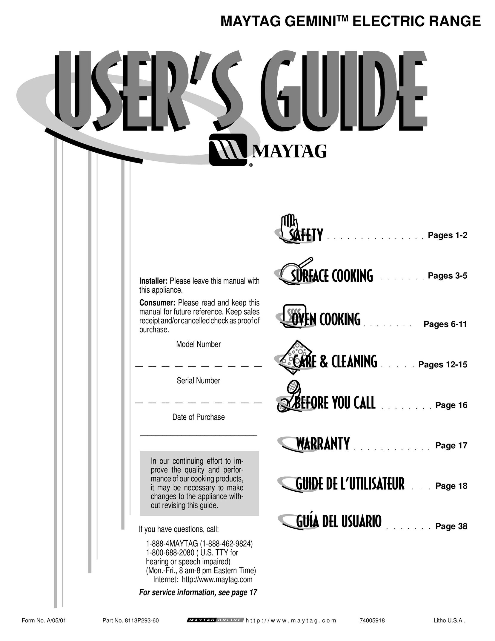 Maytag GEMINITM Range User Manual