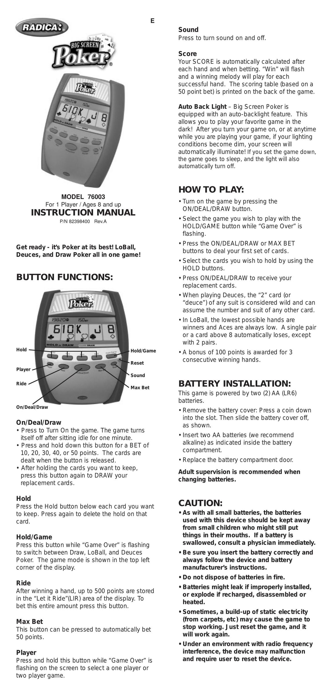 Radica Games 76003 Range User Manual