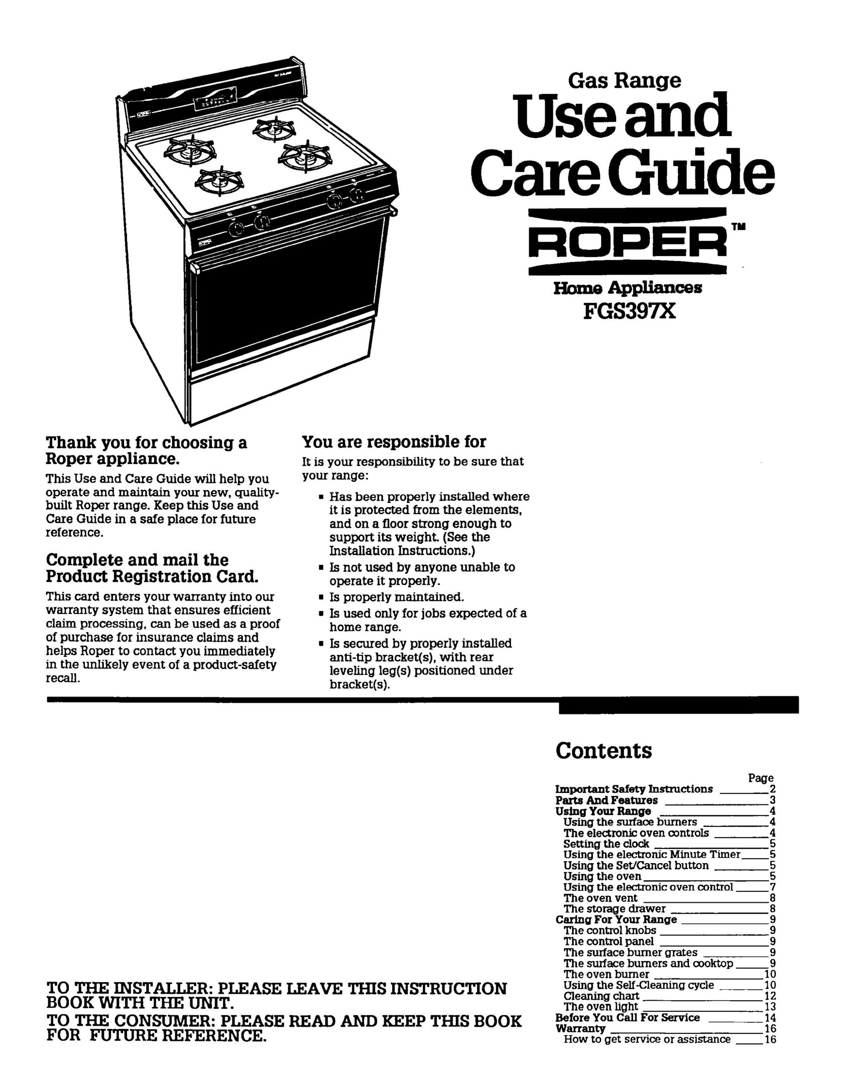 Roper FGS397X Range User Manual