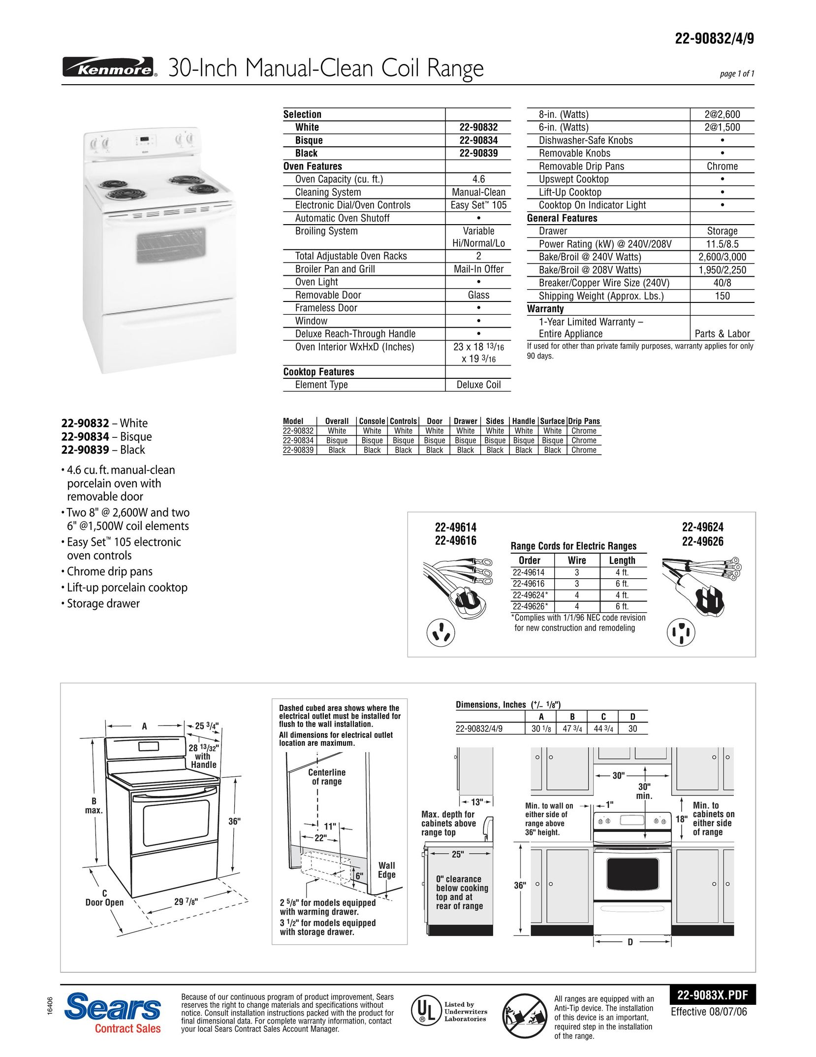 Sears 22-90834 Range User Manual