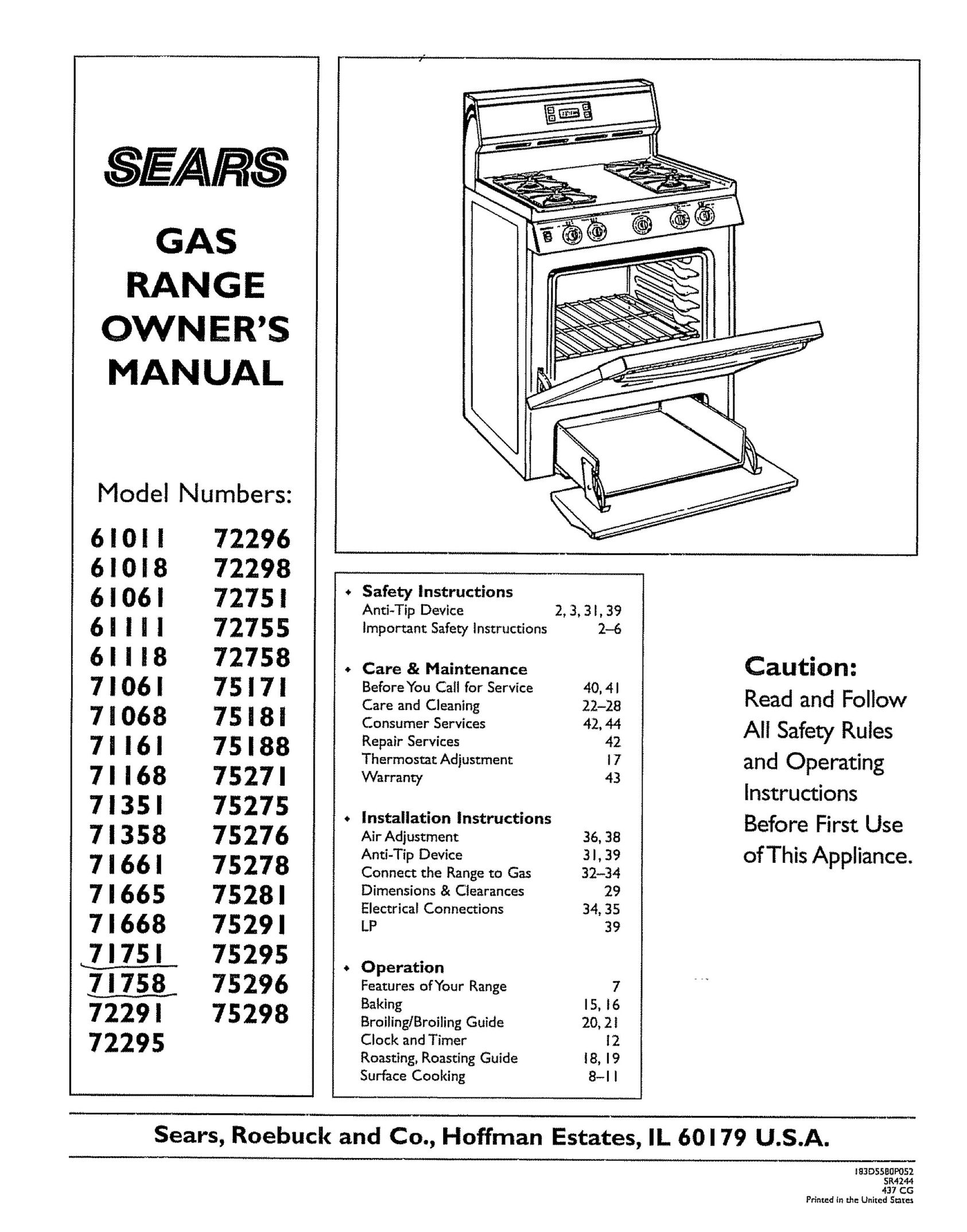 Sears 61011 Range User Manual
