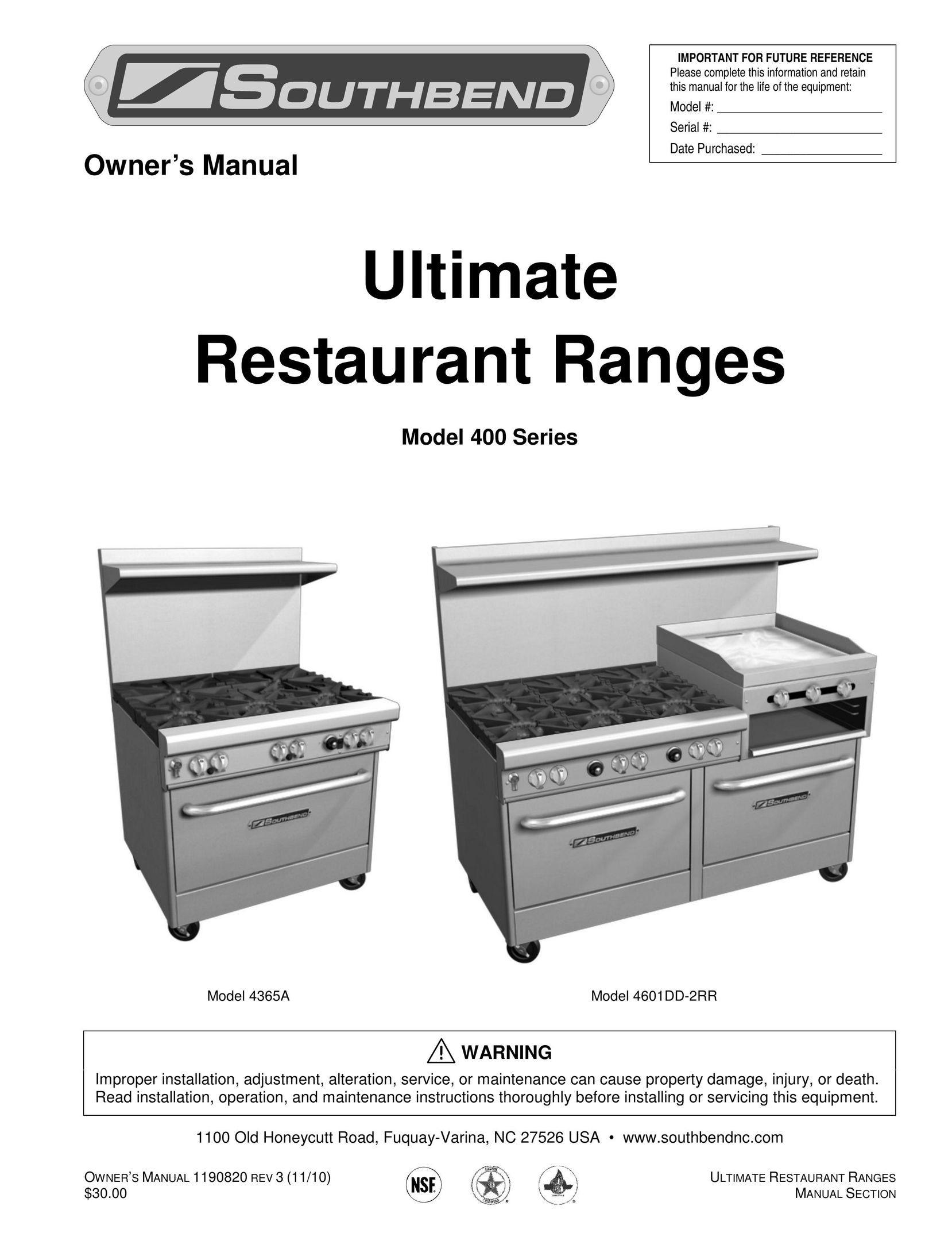 Southbend 4365A Range User Manual