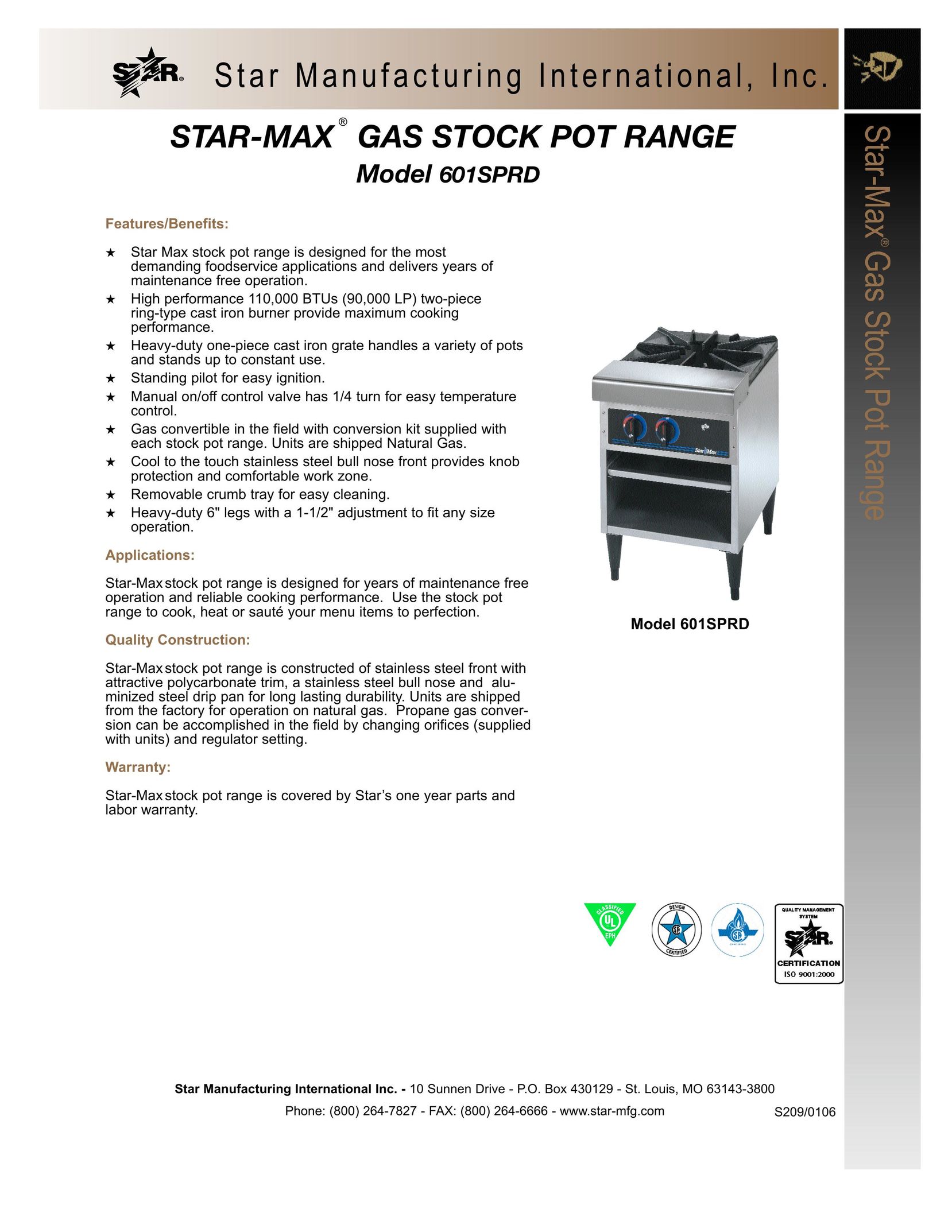 Star Manufacturing 601SPRD Range User Manual