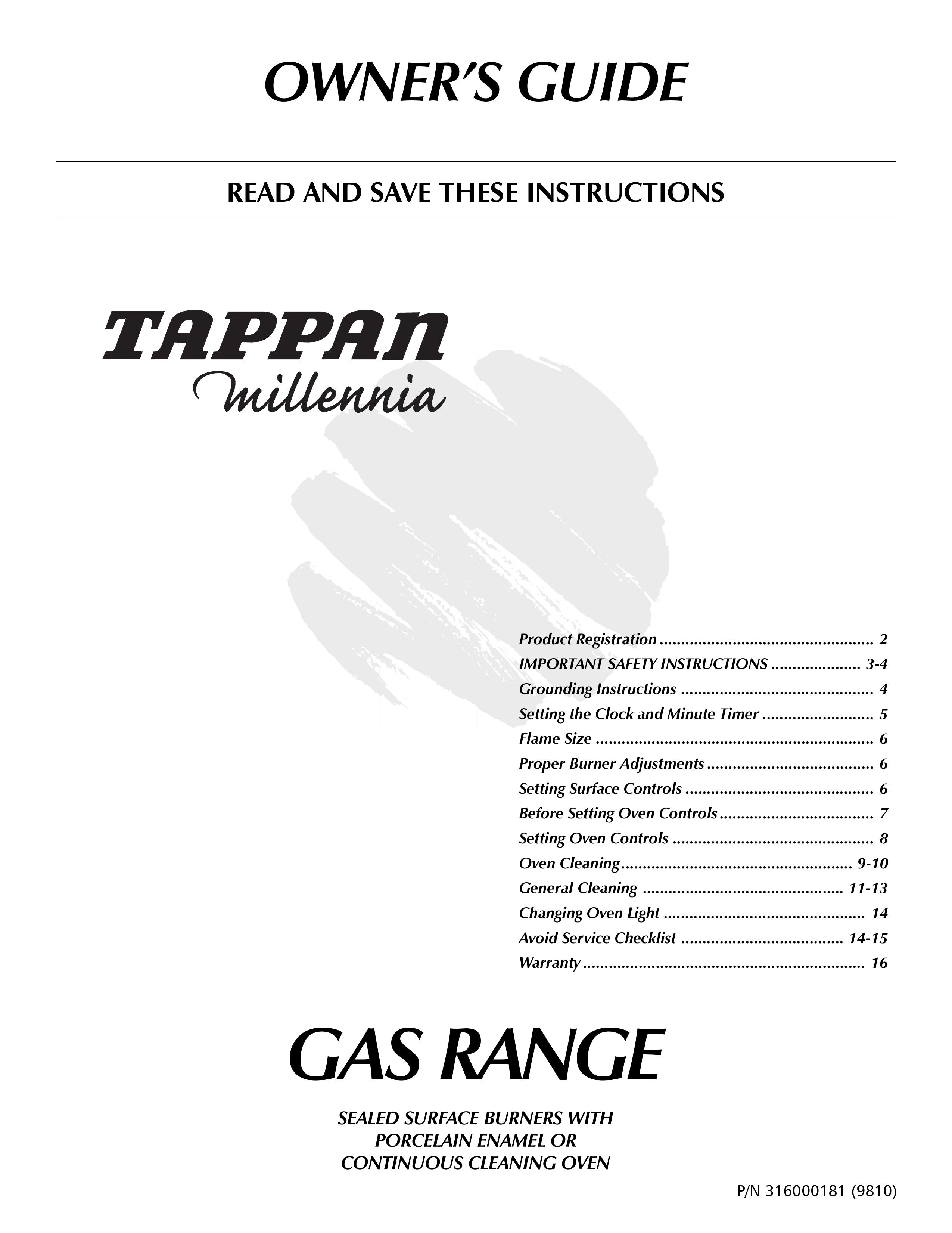 Tappan 316000181 Range User Manual