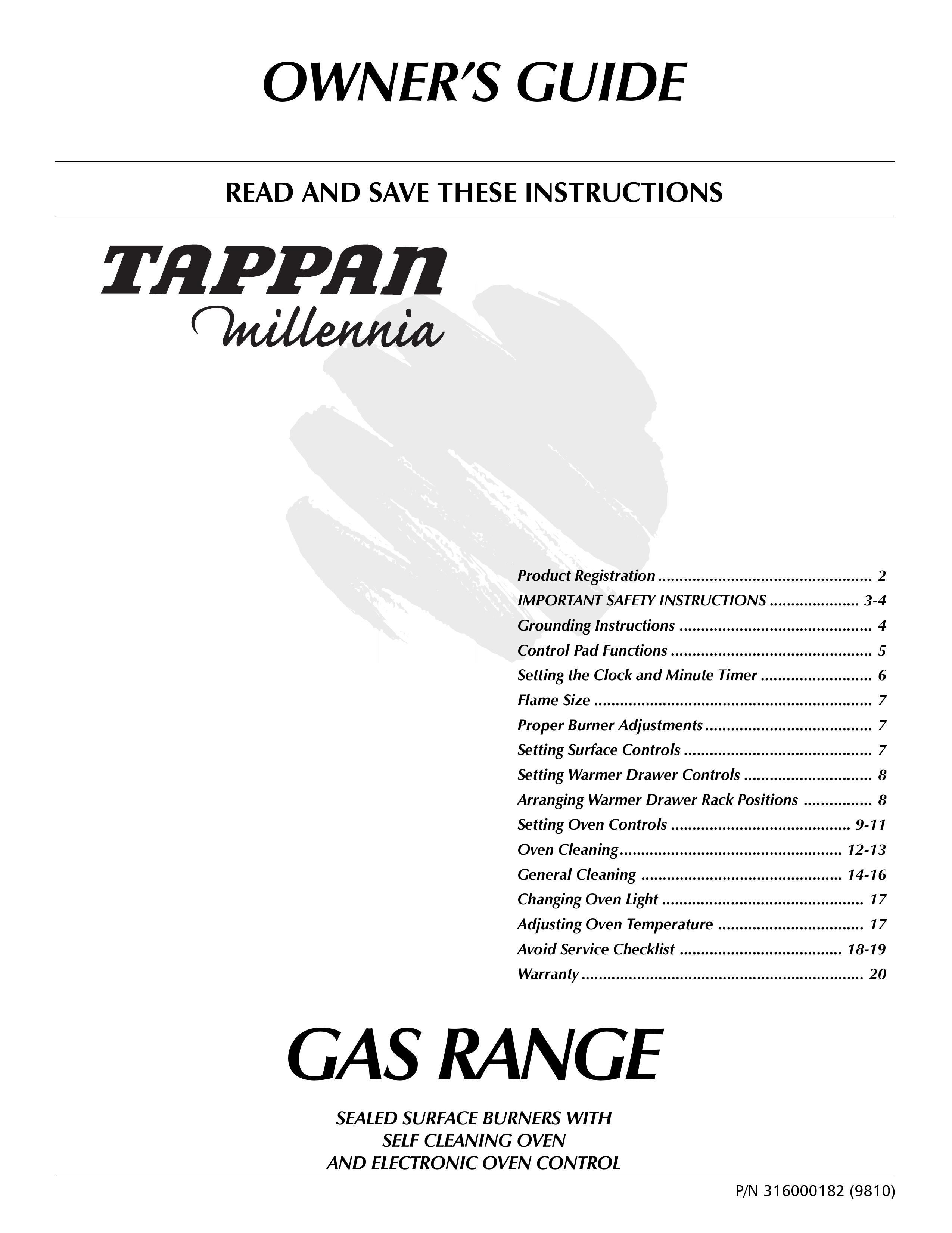 Tappan 316000182 Range User Manual