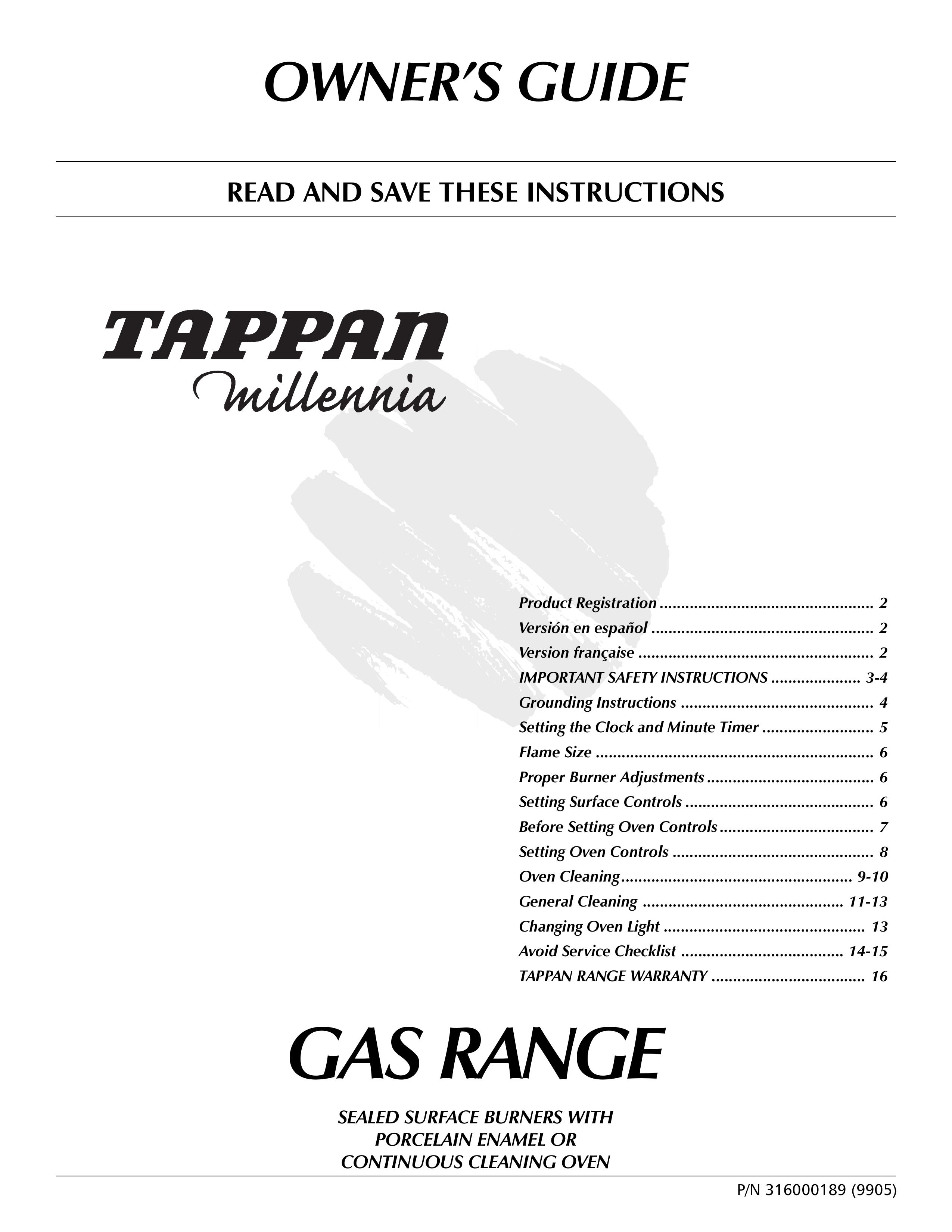 Tappan 316000189 Range User Manual