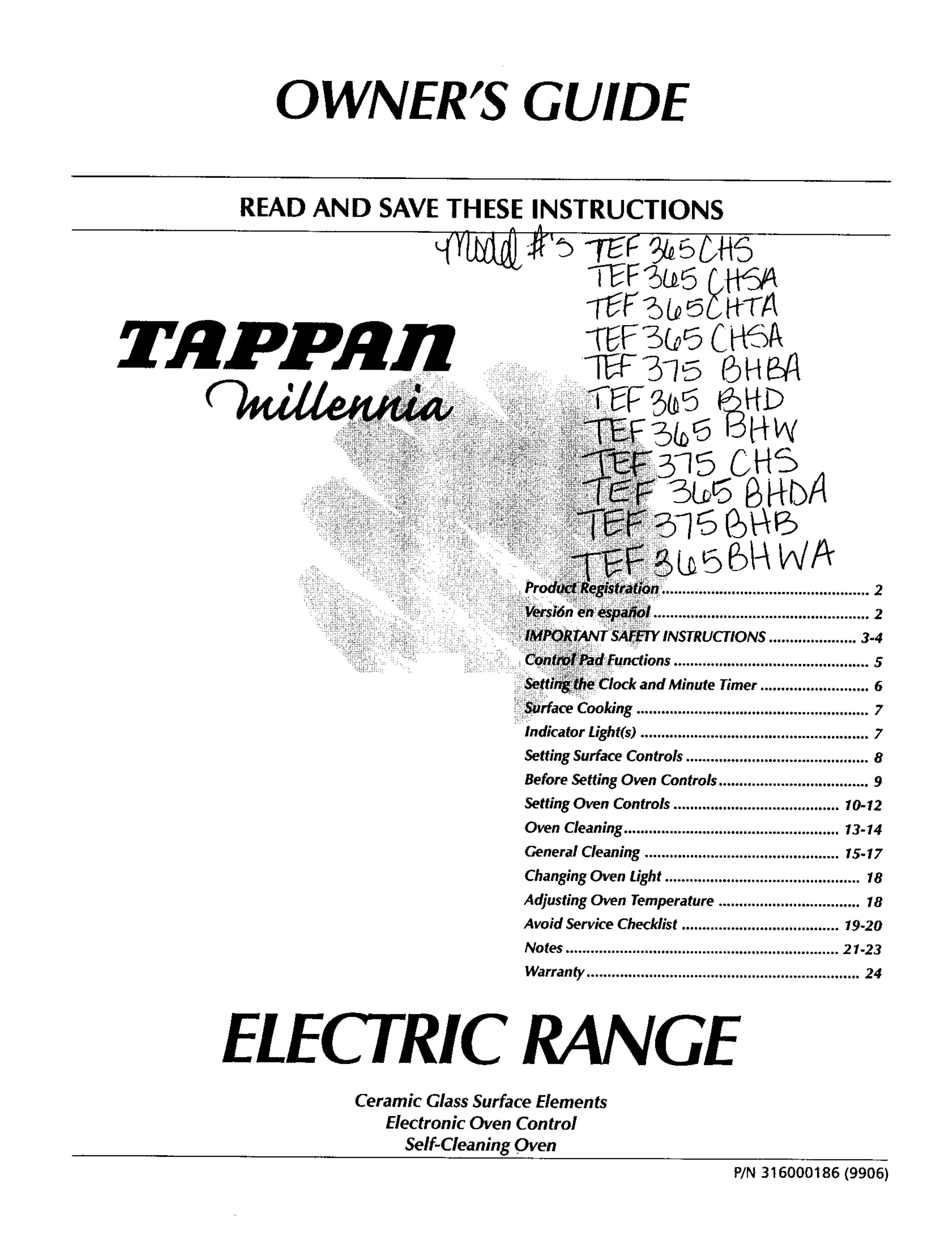 Tappan TEF365CHSA Range User Manual