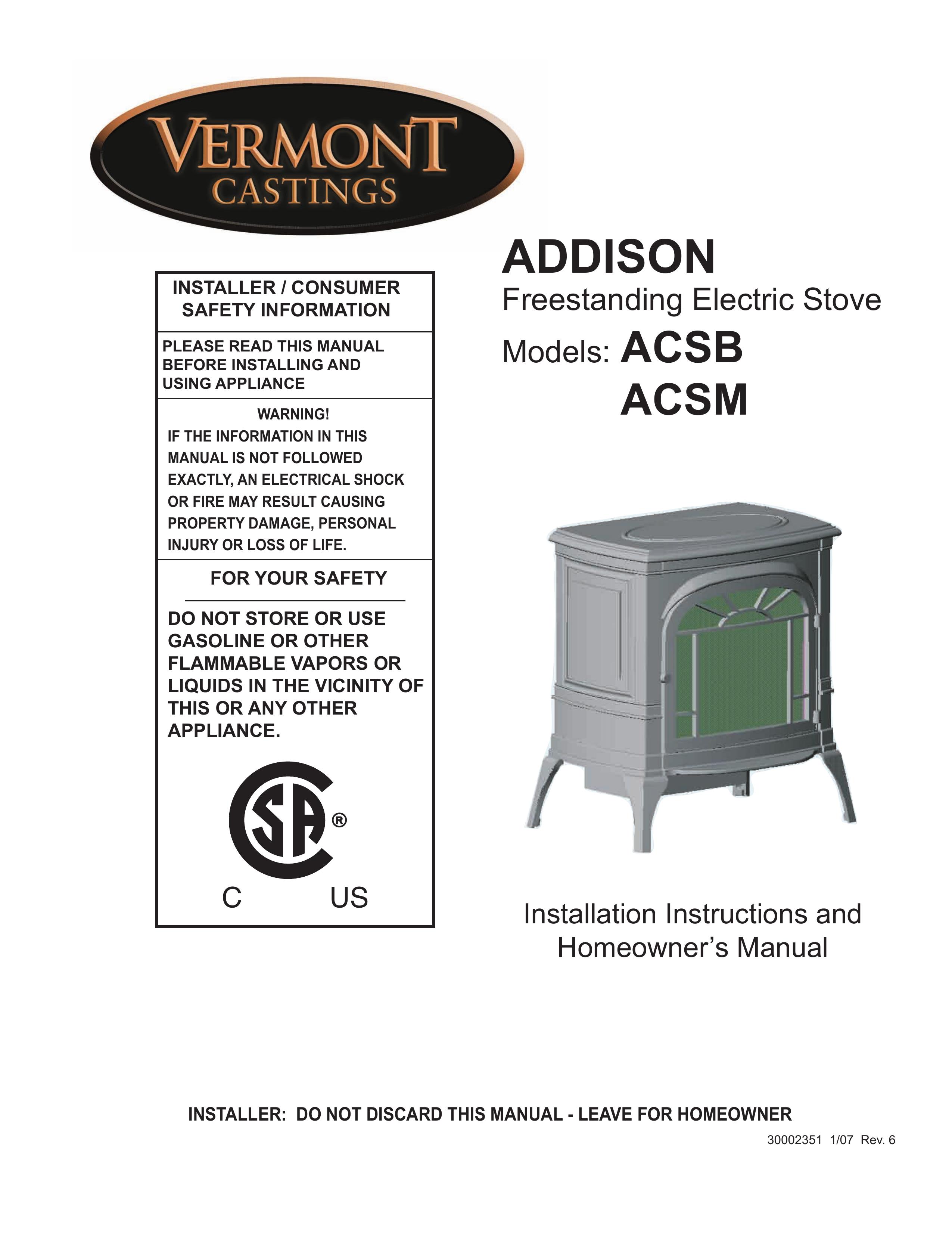 Vermont Casting ACSB ACSM Range User Manual