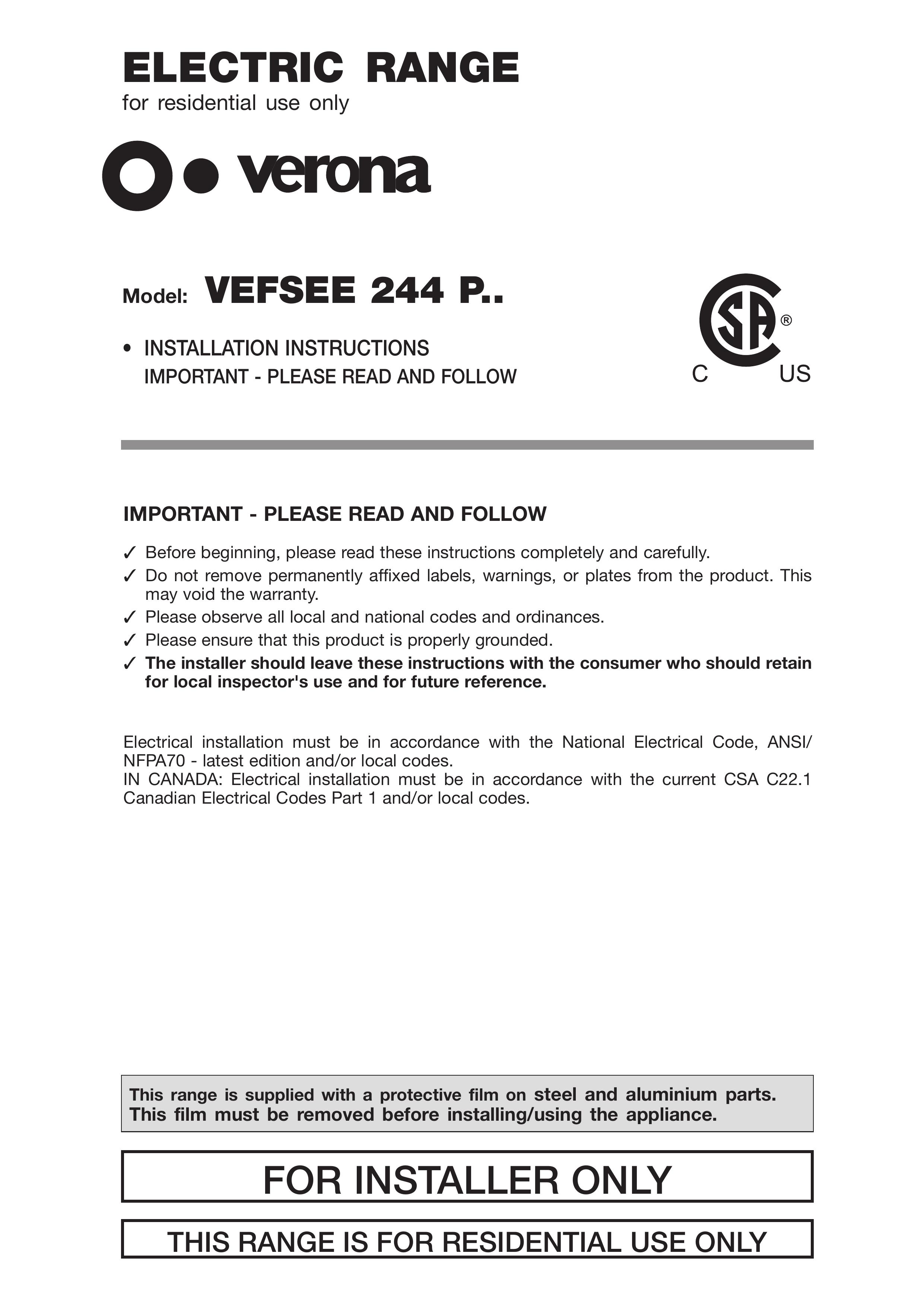 Verona VEFSEE 244 P.. Range User Manual