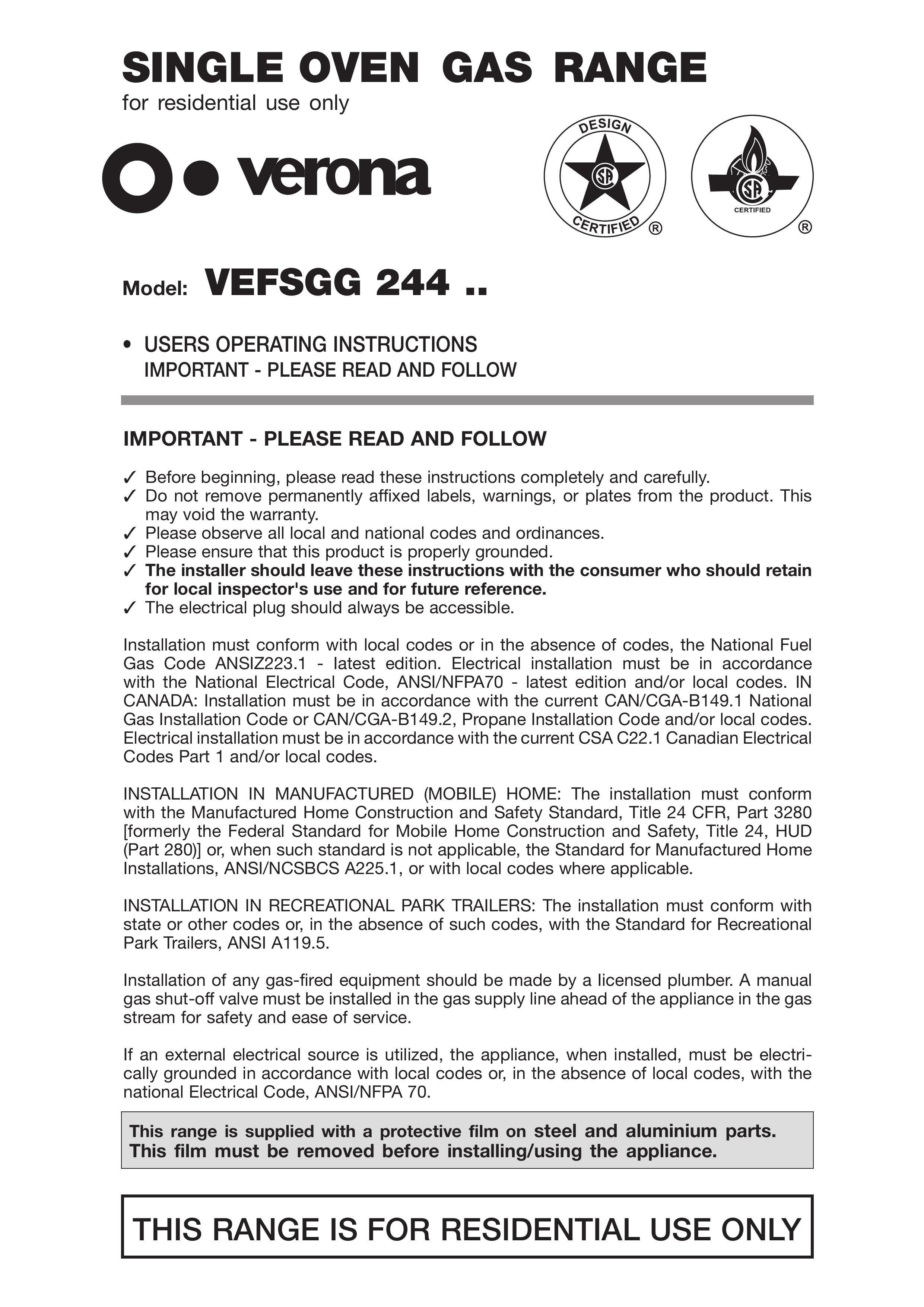 Verona VEFSGG 244 Range User Manual