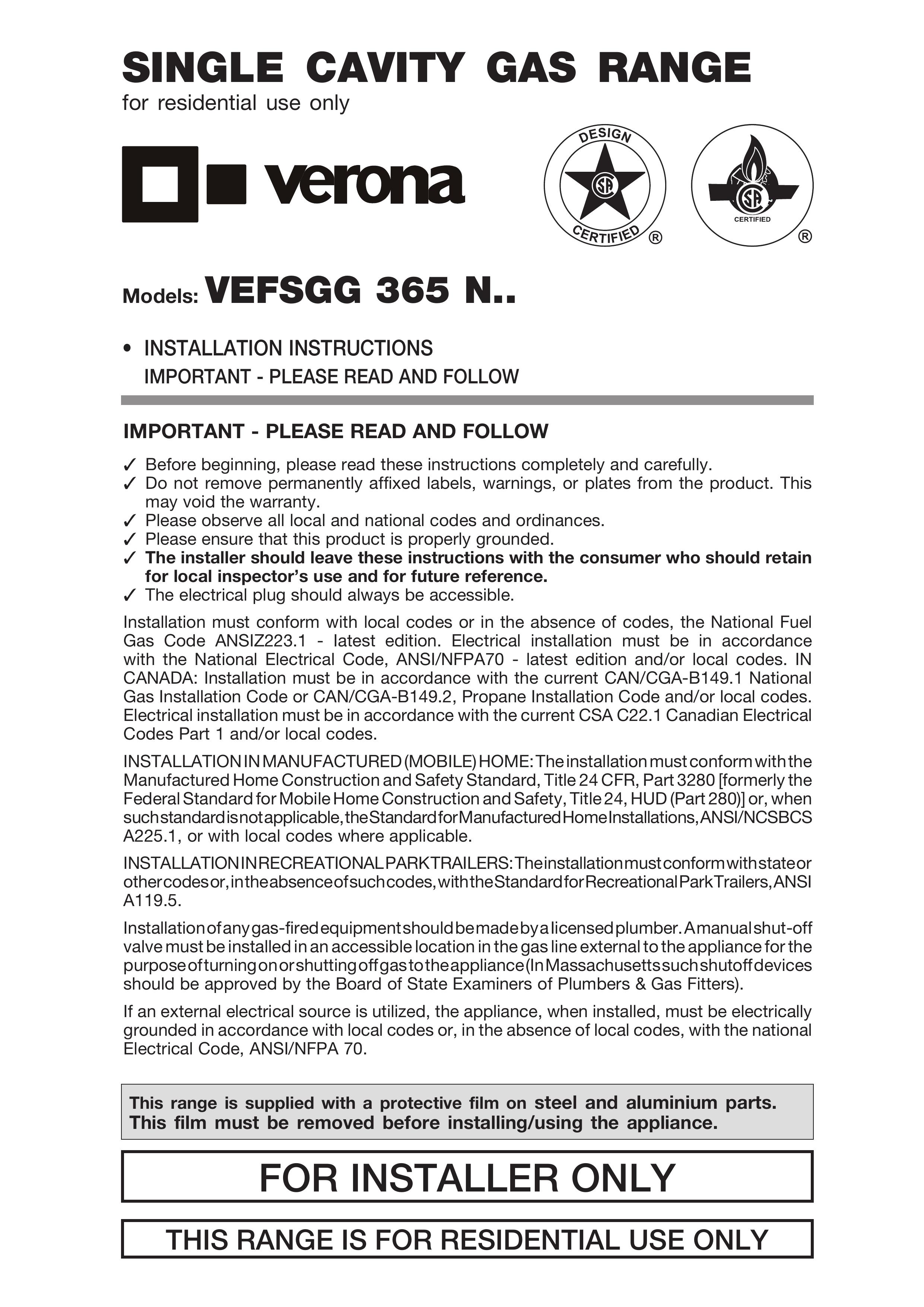 Verona VEFSGG 365 N Range User Manual
