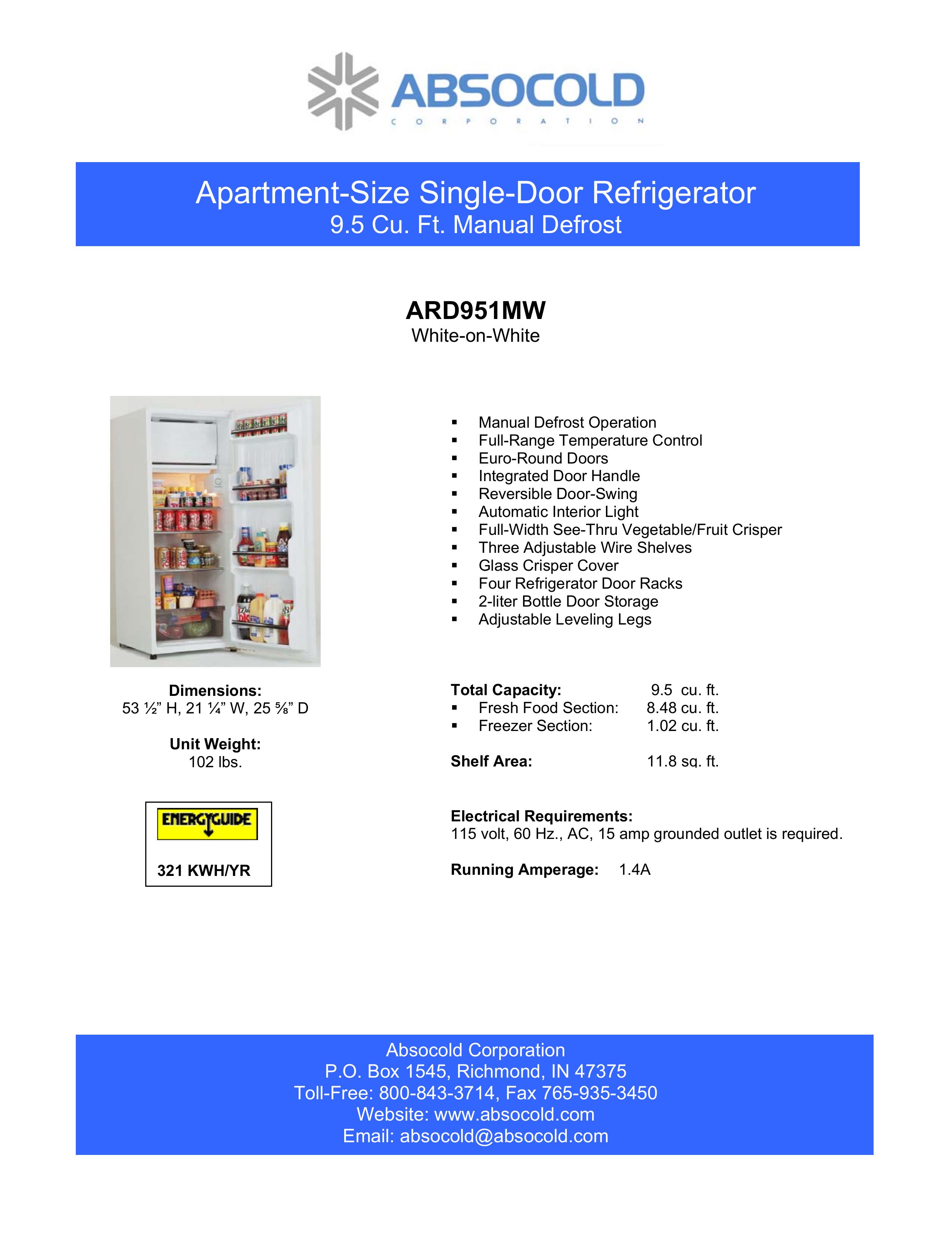 Absocold Corp ARD951MW Refrigerator User Manual