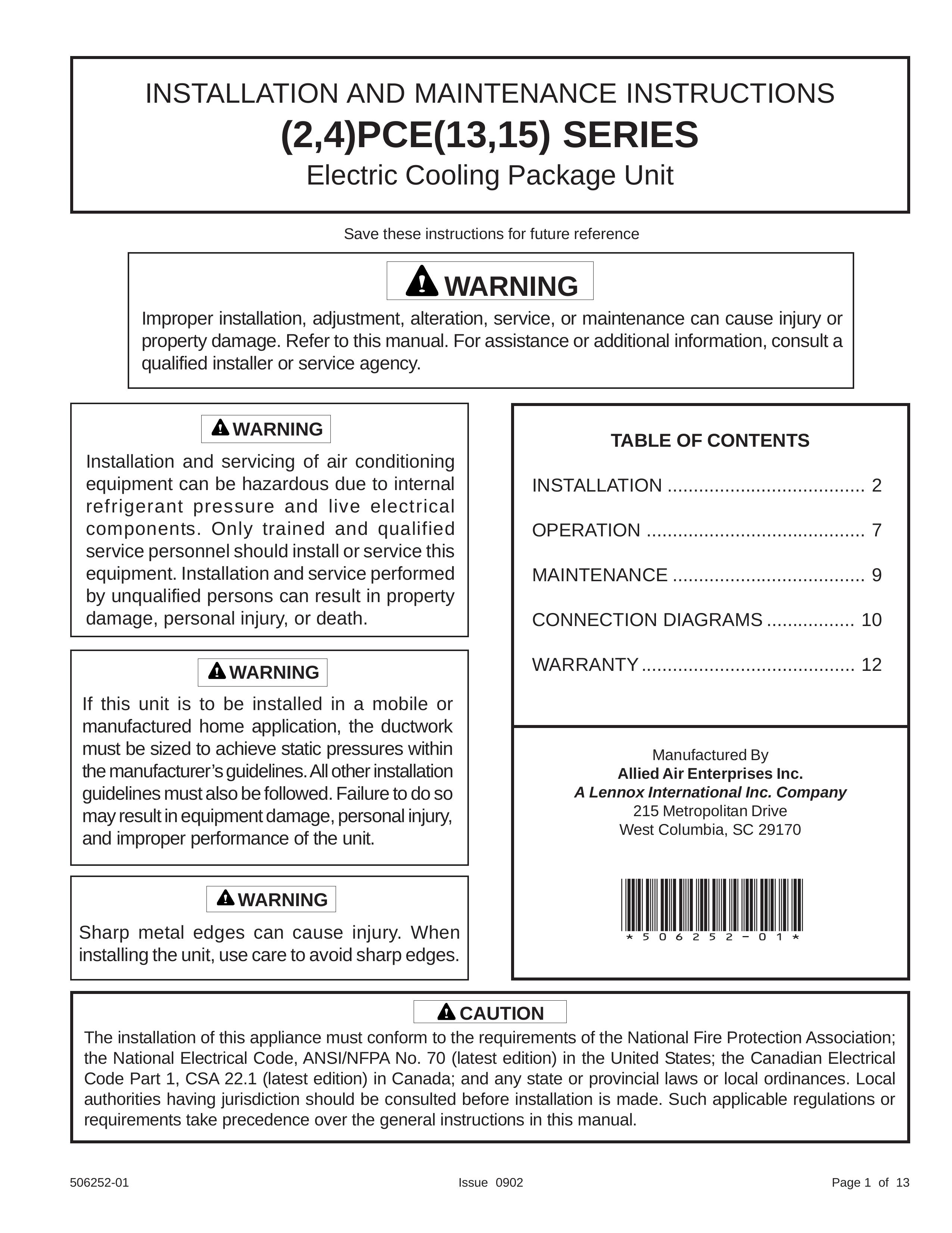 Allied Air Enterprises 4)PCE(13 Refrigerator User Manual