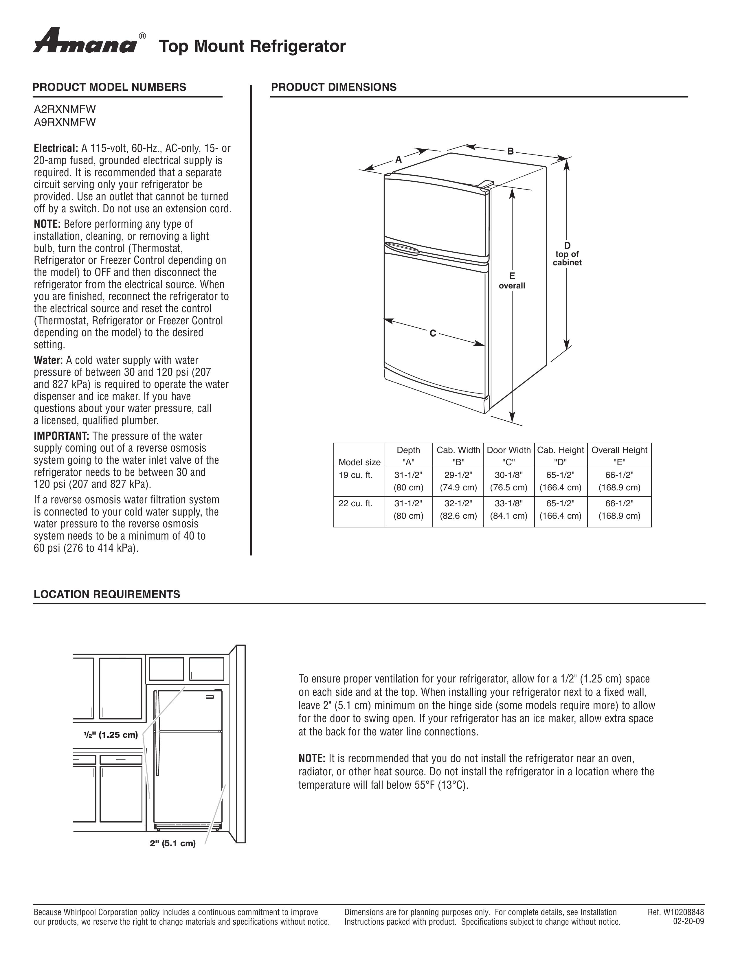 Amana A9RXNMFW Refrigerator User Manual