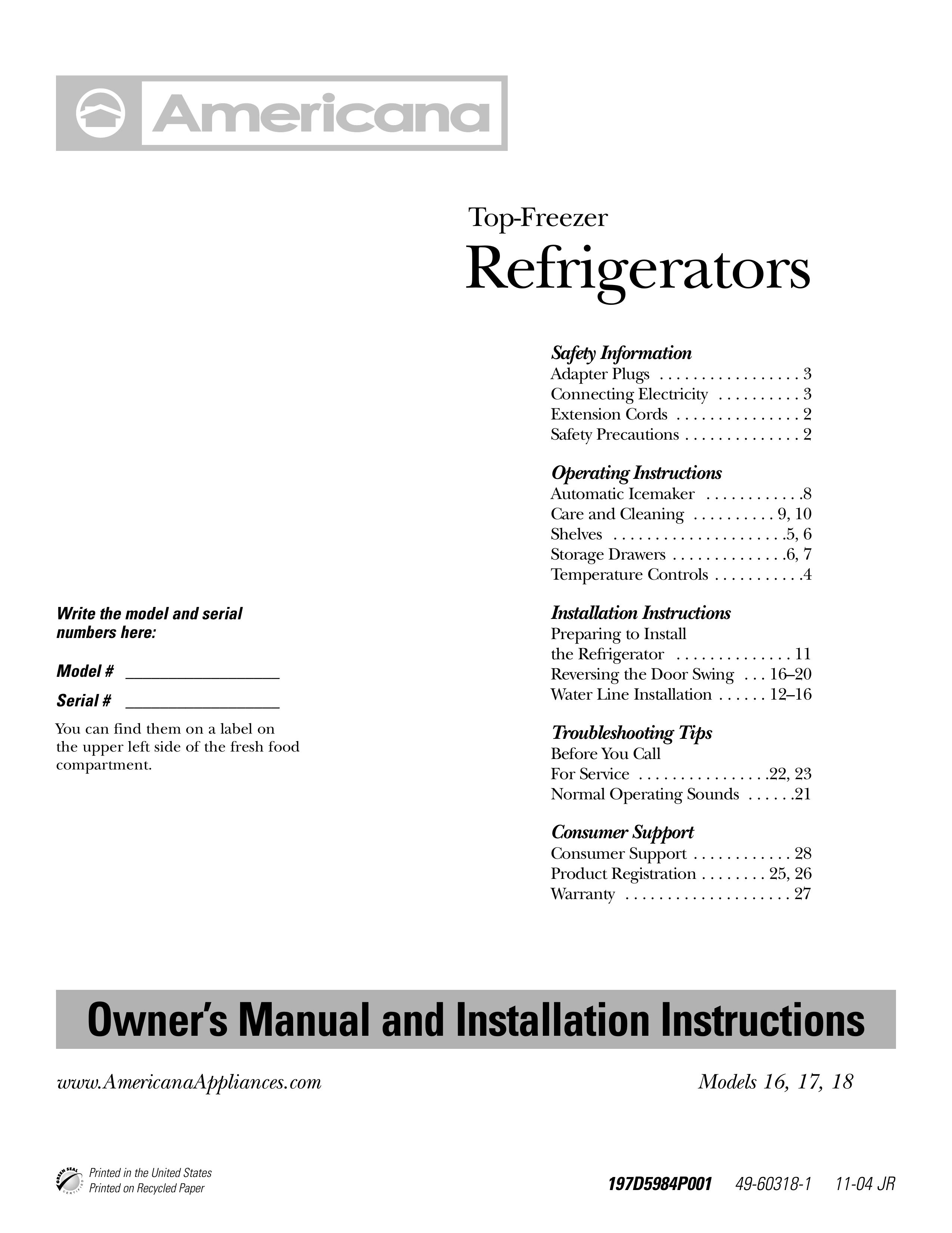 Americana Appliances 16 Refrigerator User Manual