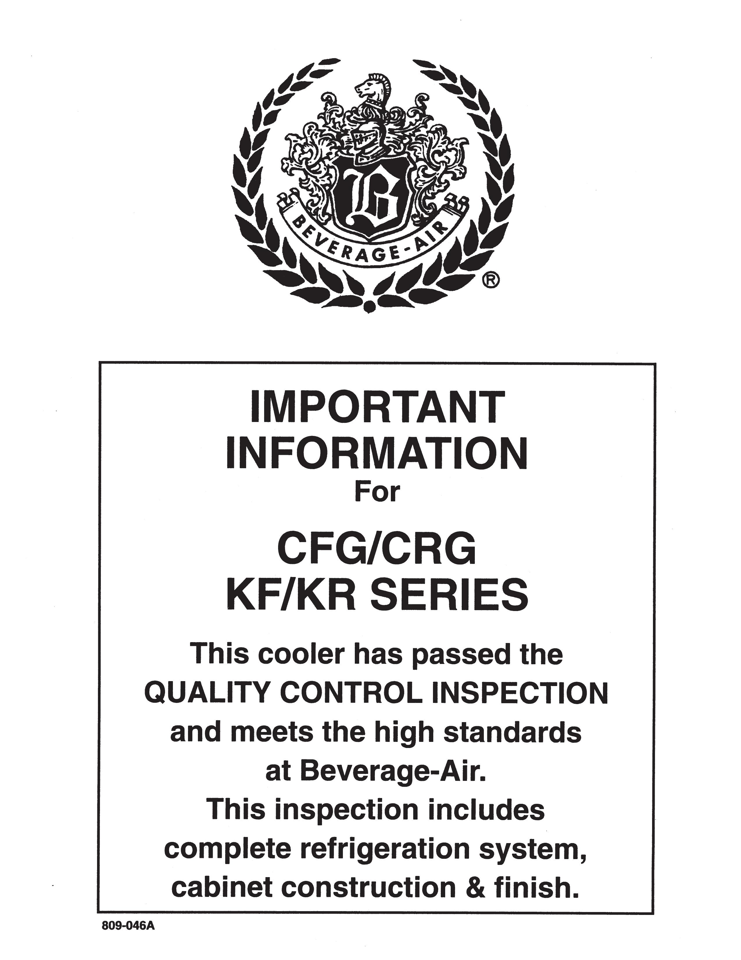 Beverage-Air CRG Refrigerator User Manual