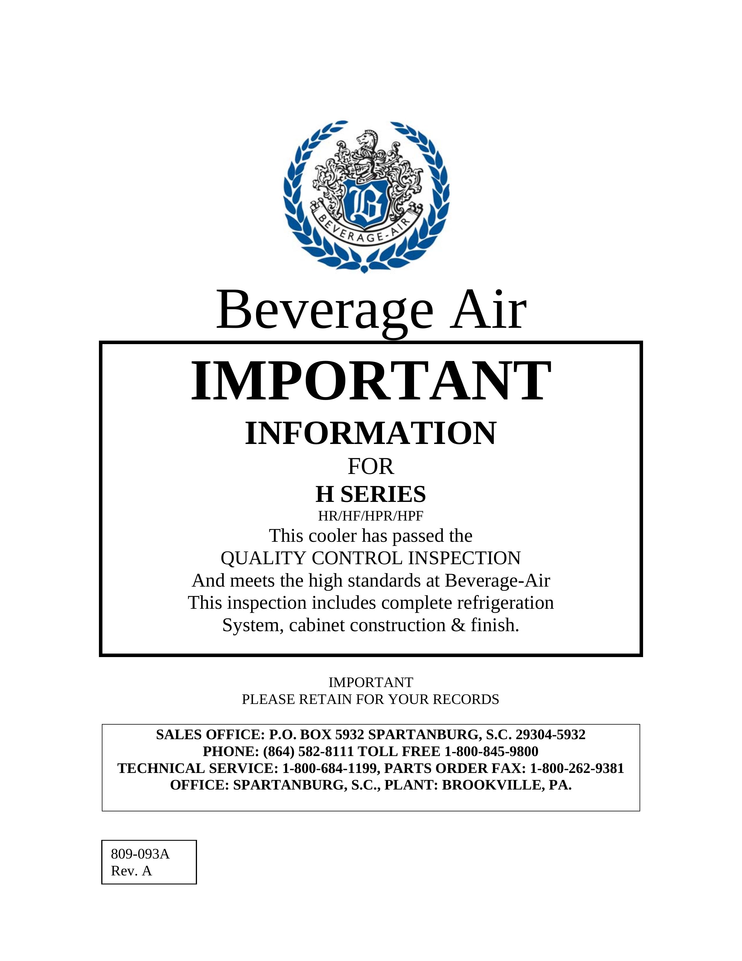 Beverage-Air Refrigerator Refrigerator User Manual