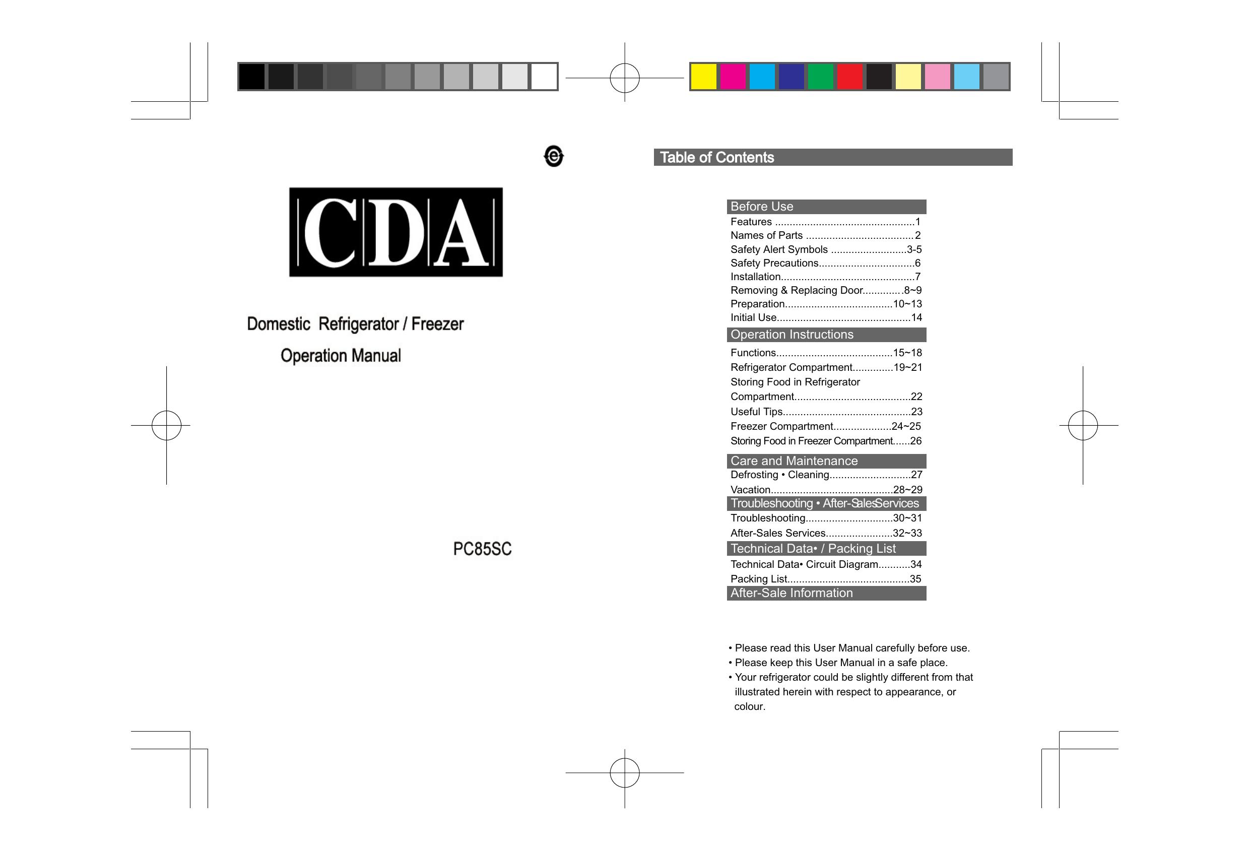 CDA PC85SC Refrigerator User Manual