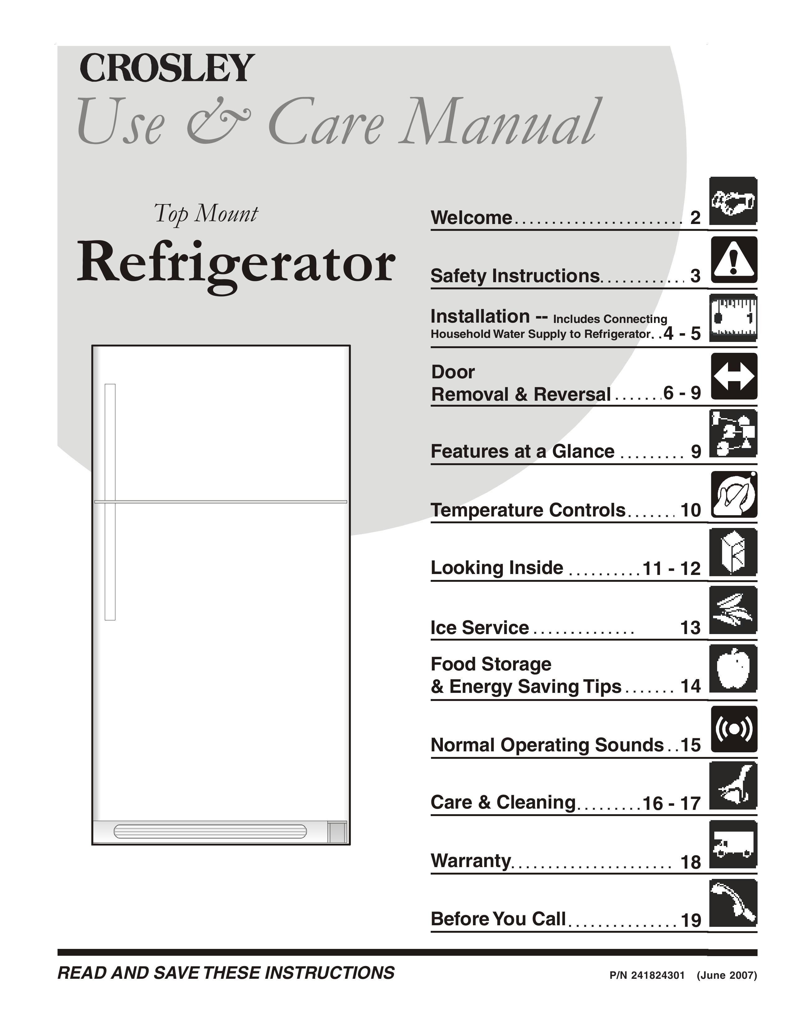 Crosley 241824301 Refrigerator User Manual