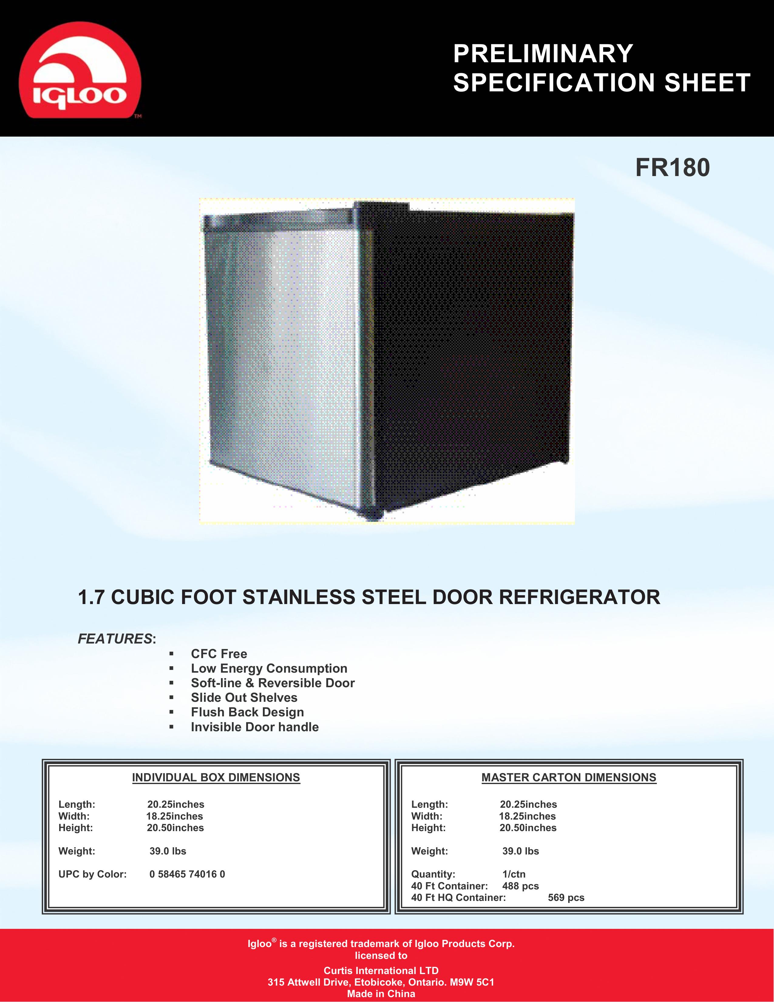 Curtis FR180 Refrigerator User Manual