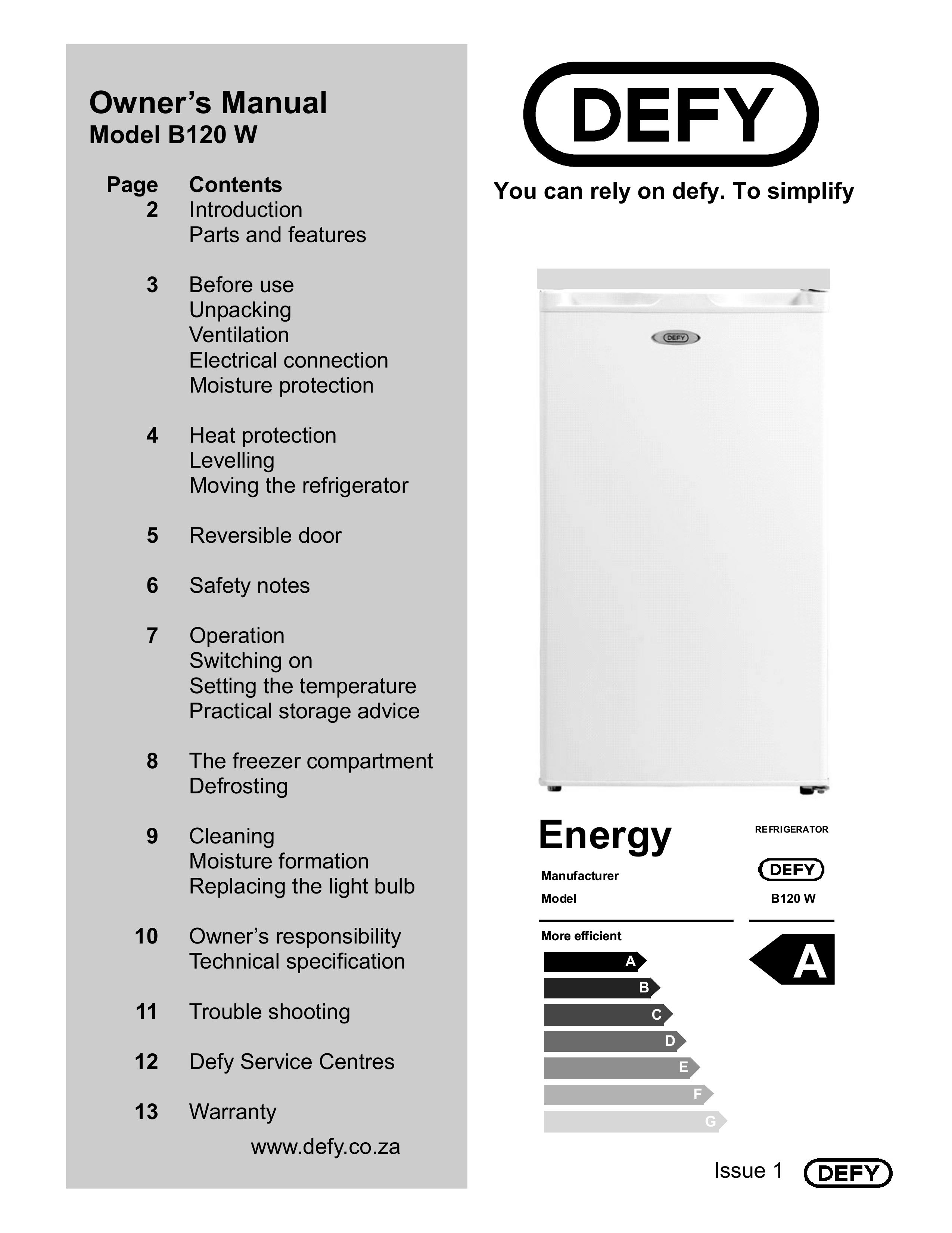 Defy Appliances B120W Refrigerator User Manual