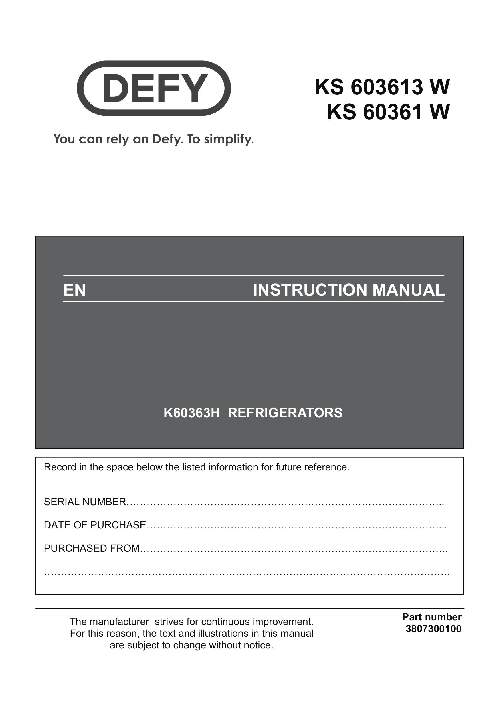 Defy Appliances KS 603613 W Refrigerator User Manual