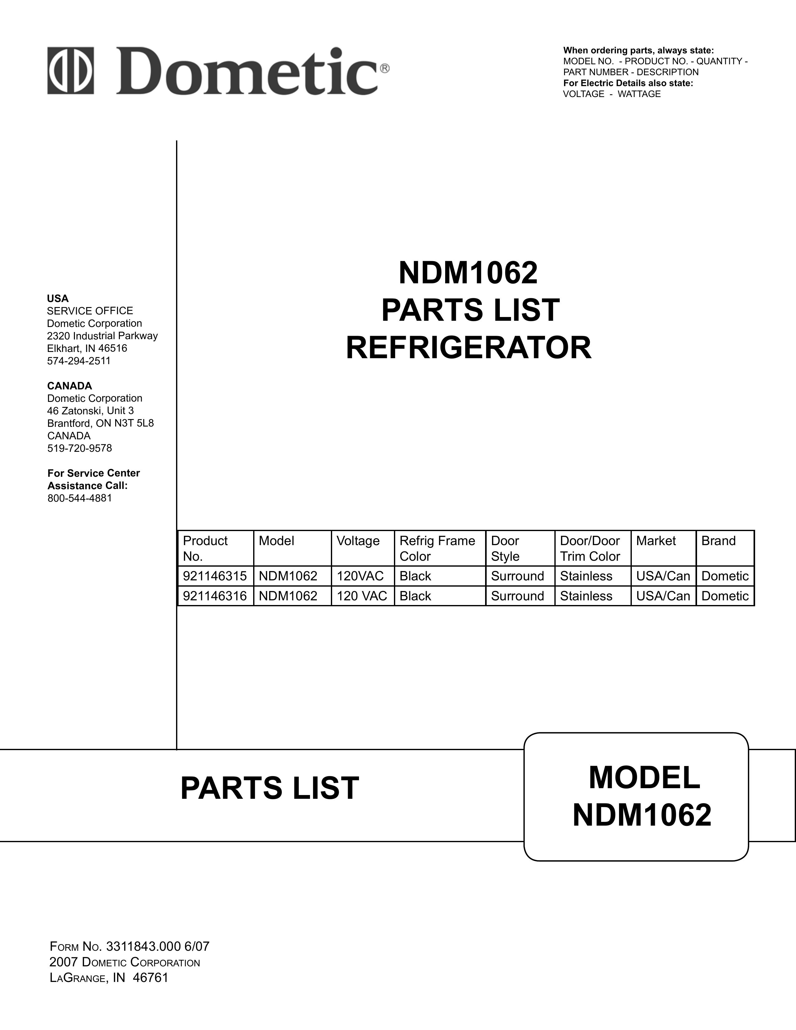 Dometic NDM1062 Refrigerator User Manual