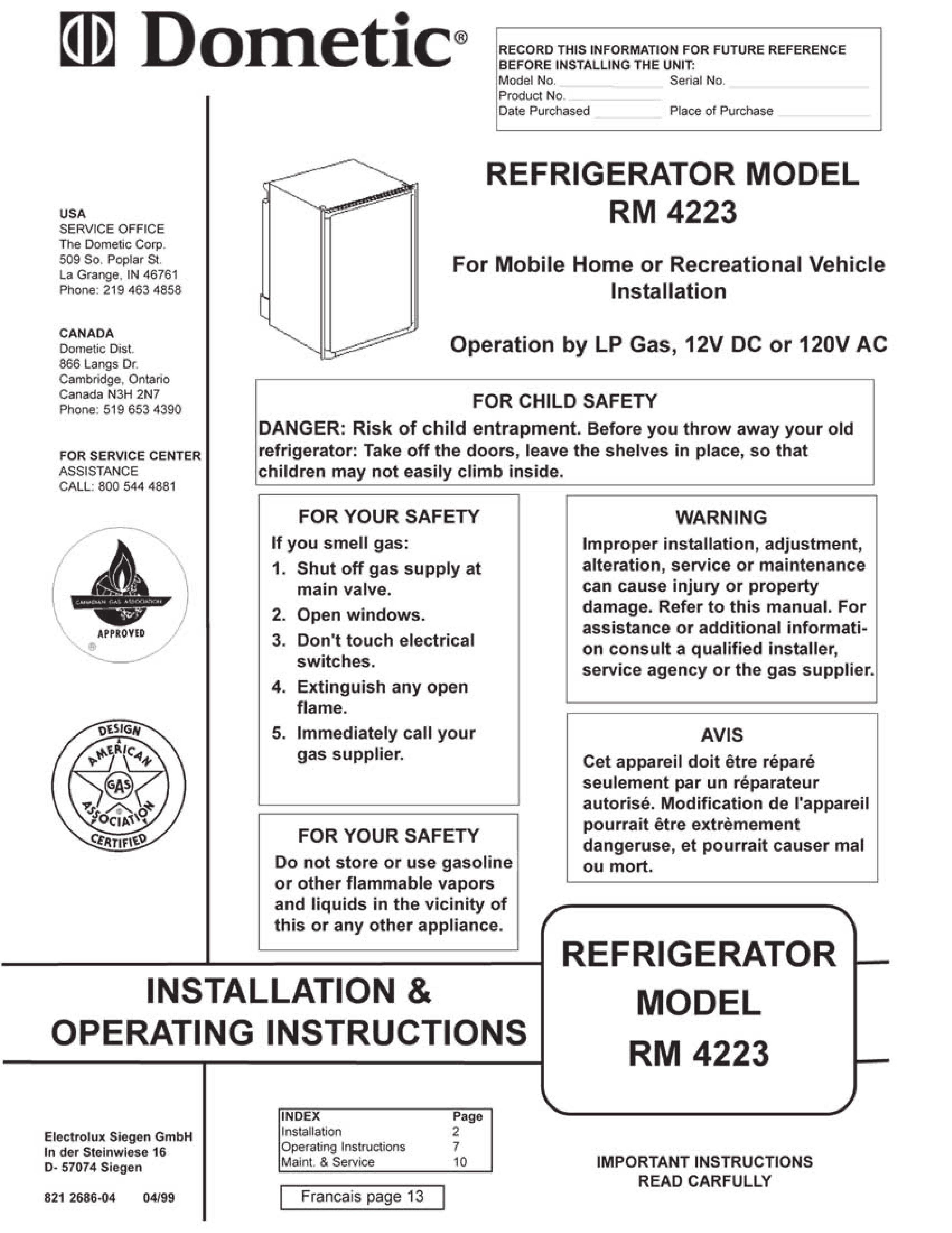 Dometic RM 4223 Refrigerator User Manual