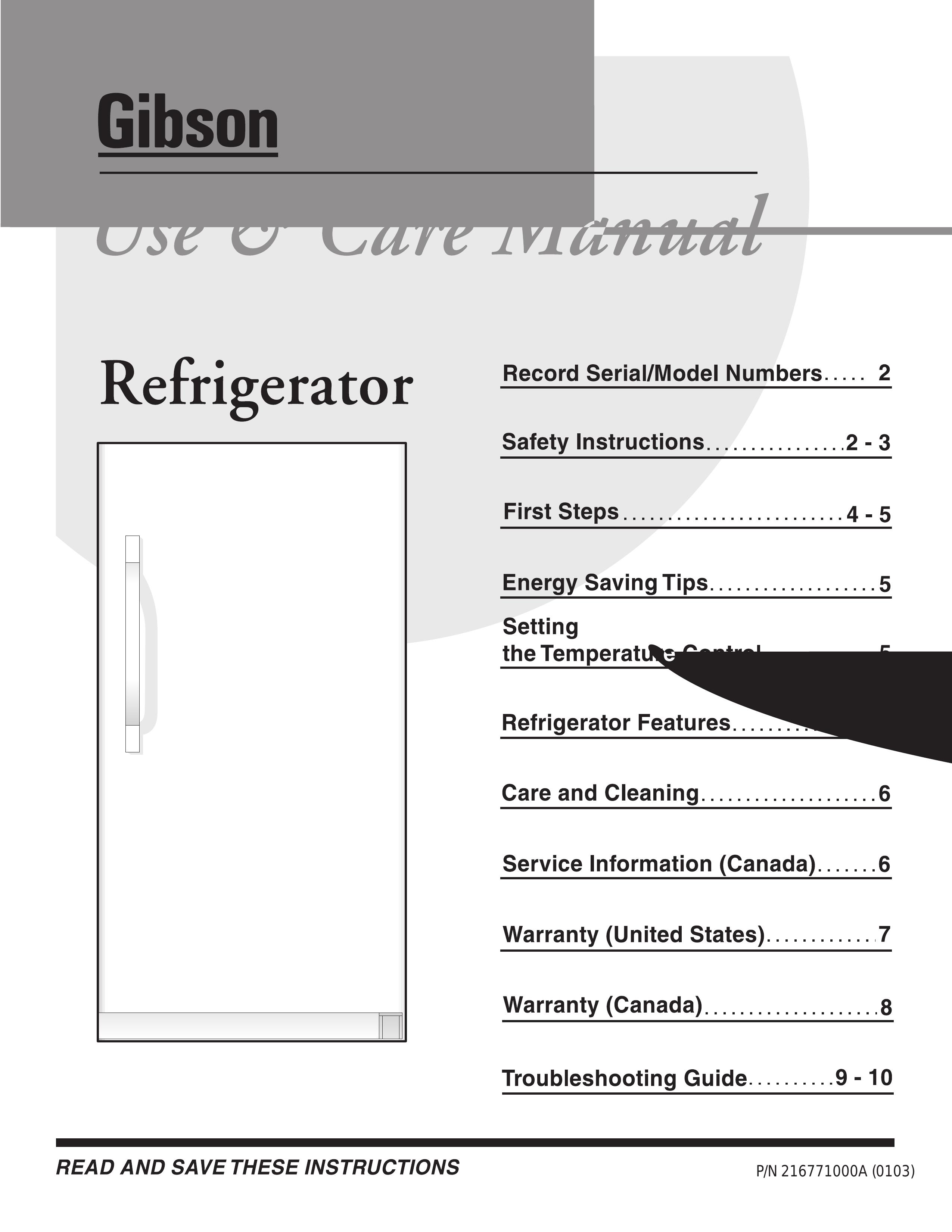Electrolux - Gibson 216771000A Refrigerator User Manual