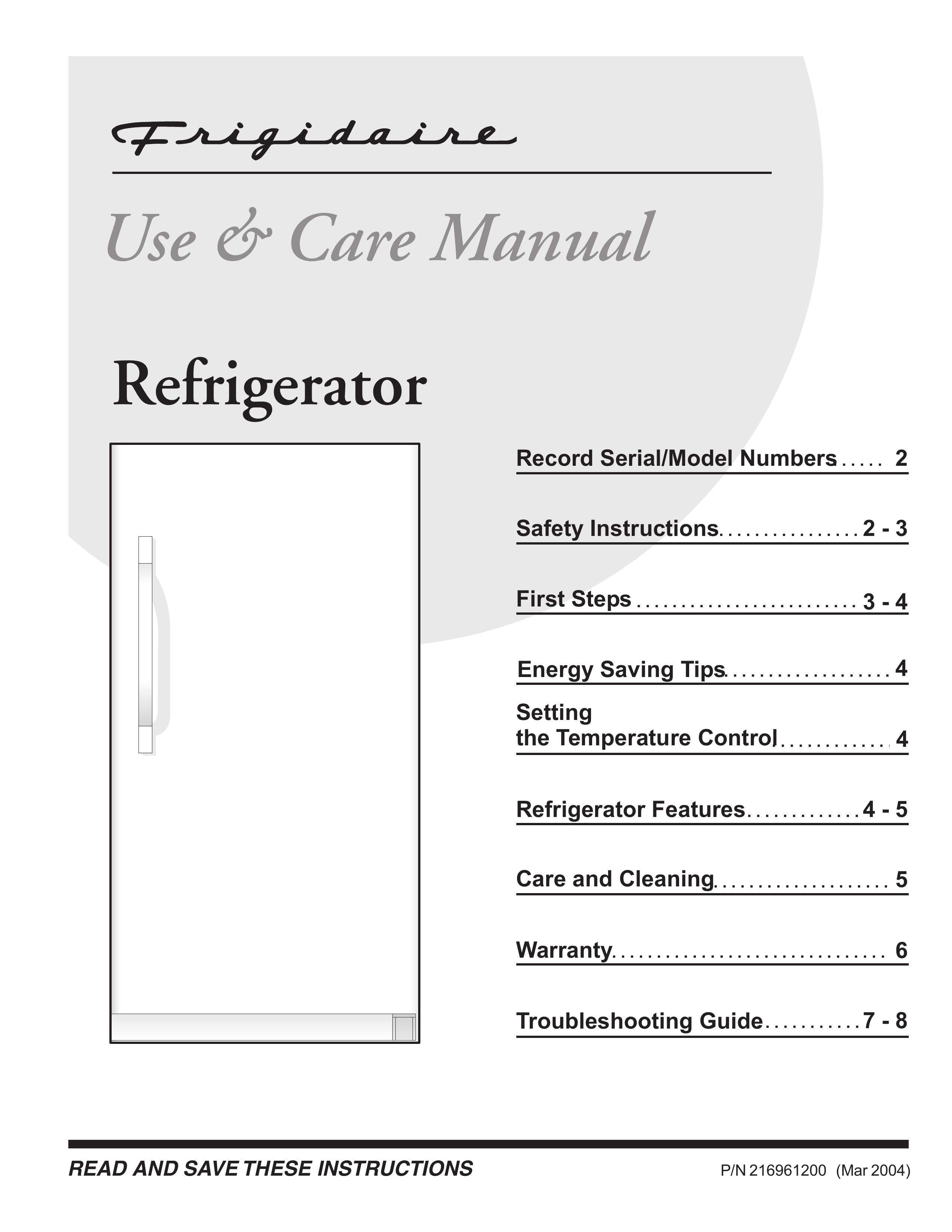 Frigidaire 216961200 Refrigerator User Manual