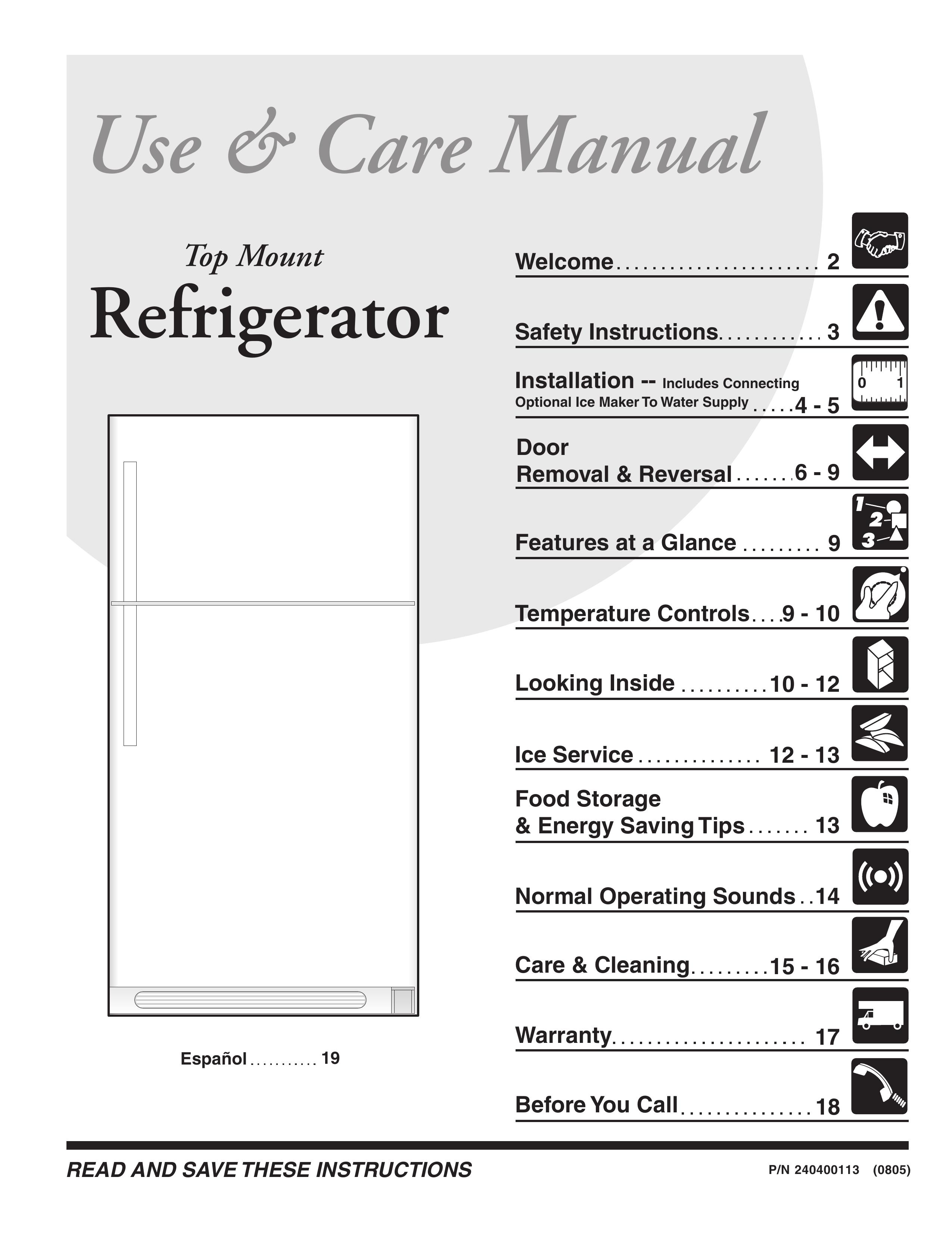 Frigidaire 240400113 Refrigerator User Manual
