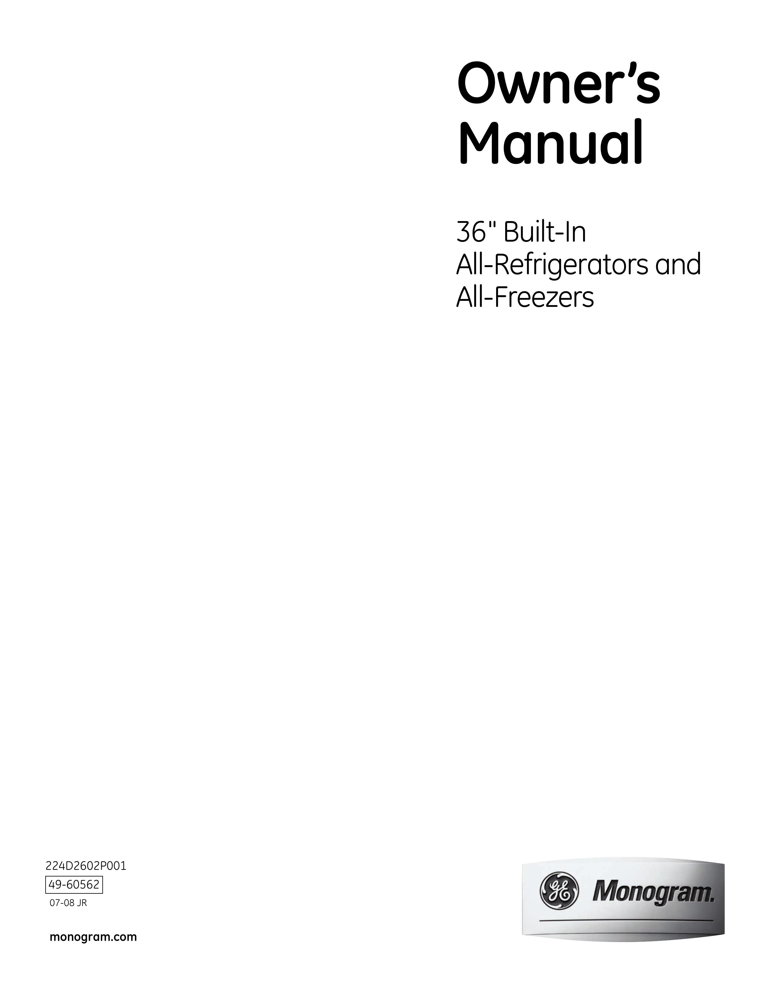 GE Monogram All-Refrigerators and All-Freezers Refrigerator User Manual