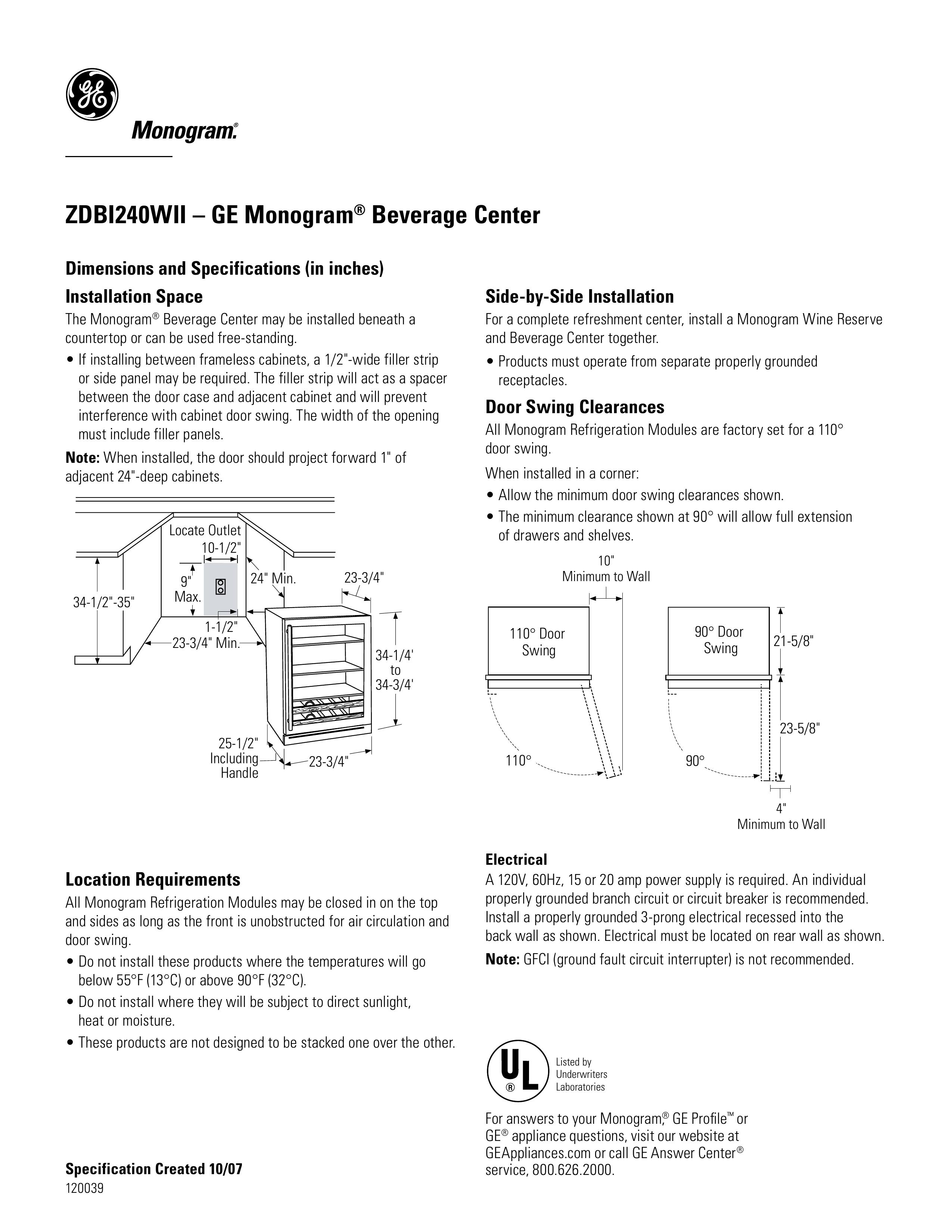 GE Monogram ZDBI240WII Refrigerator User Manual