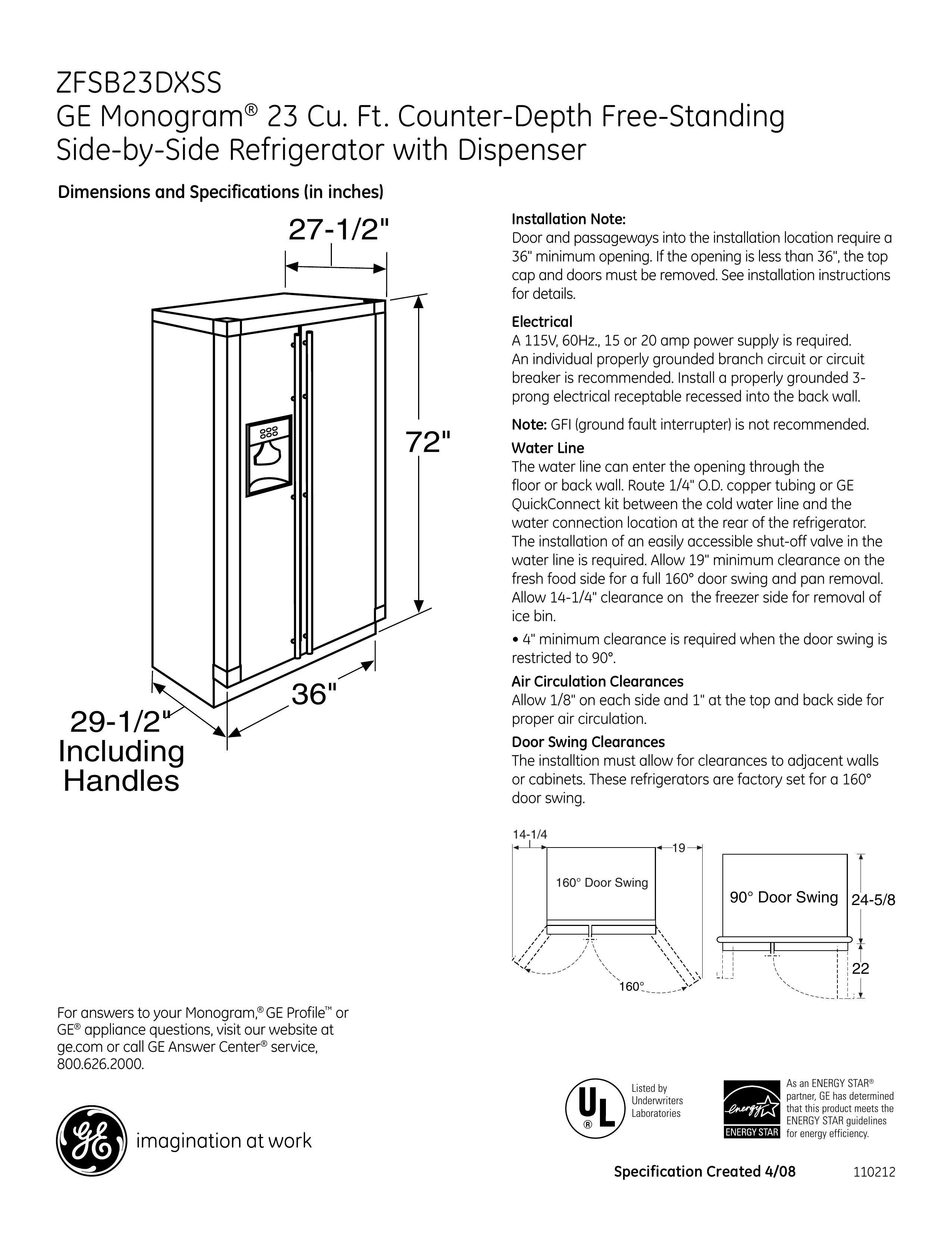 GE Monogram ZFSB23DXSS Refrigerator User Manual