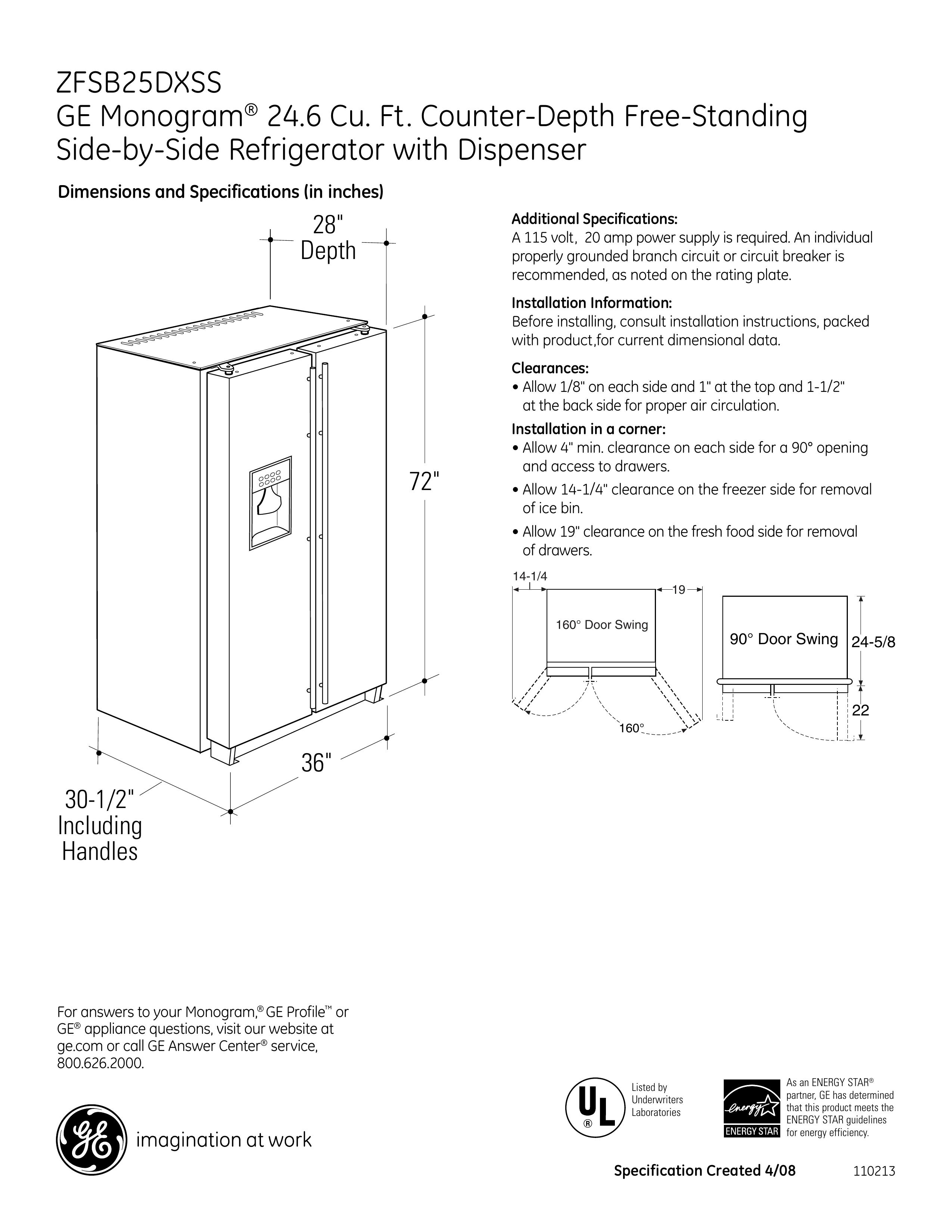 GE Monogram ZFSB25DXSS Refrigerator User Manual