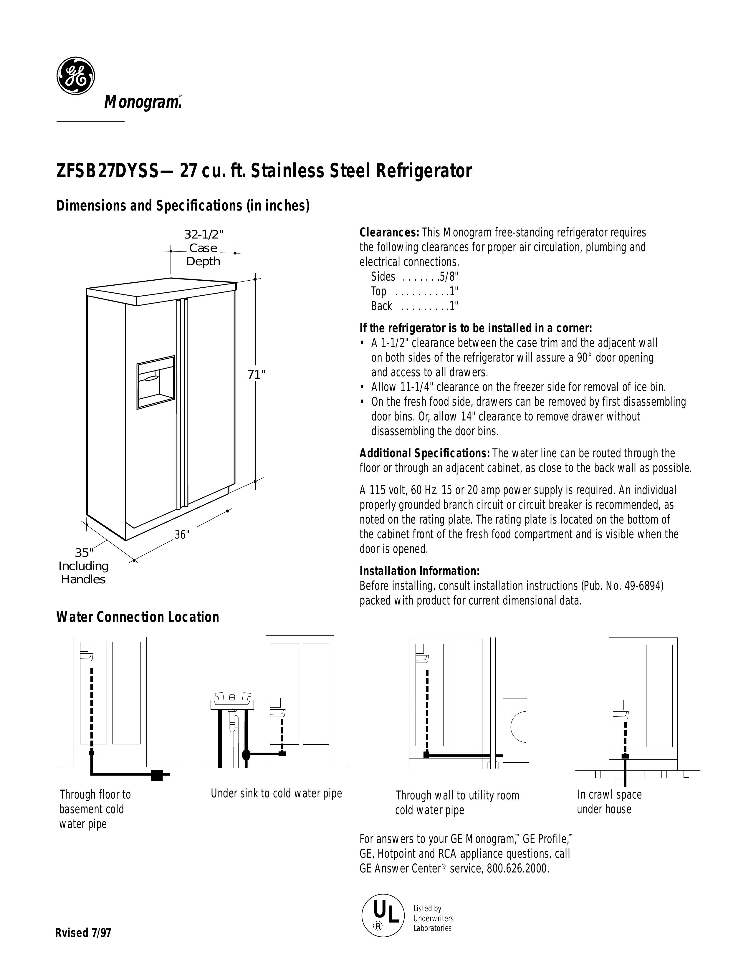GE Monogram ZFSB27DYSS Refrigerator User Manual
