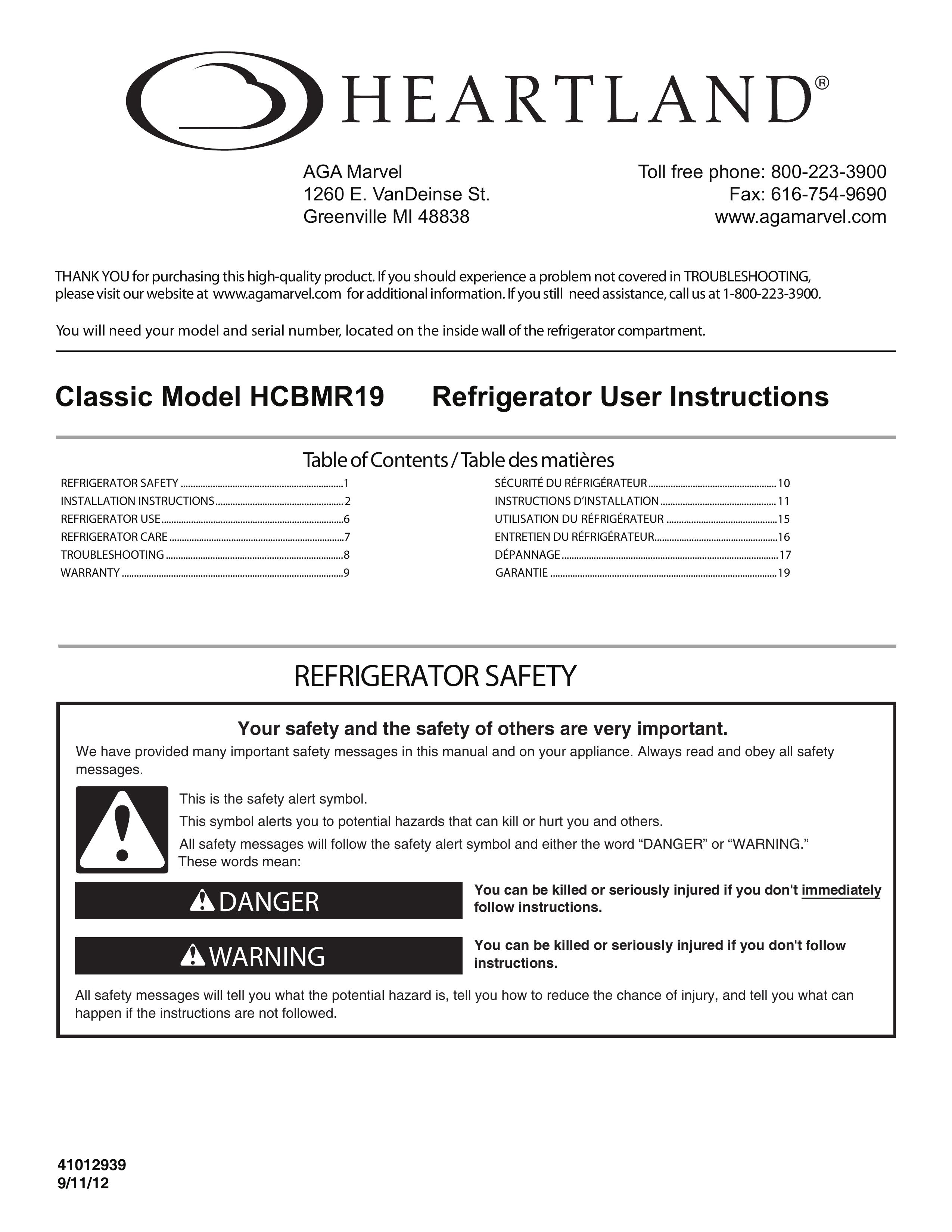 Heartland HCBMR19 Refrigerator User Manual